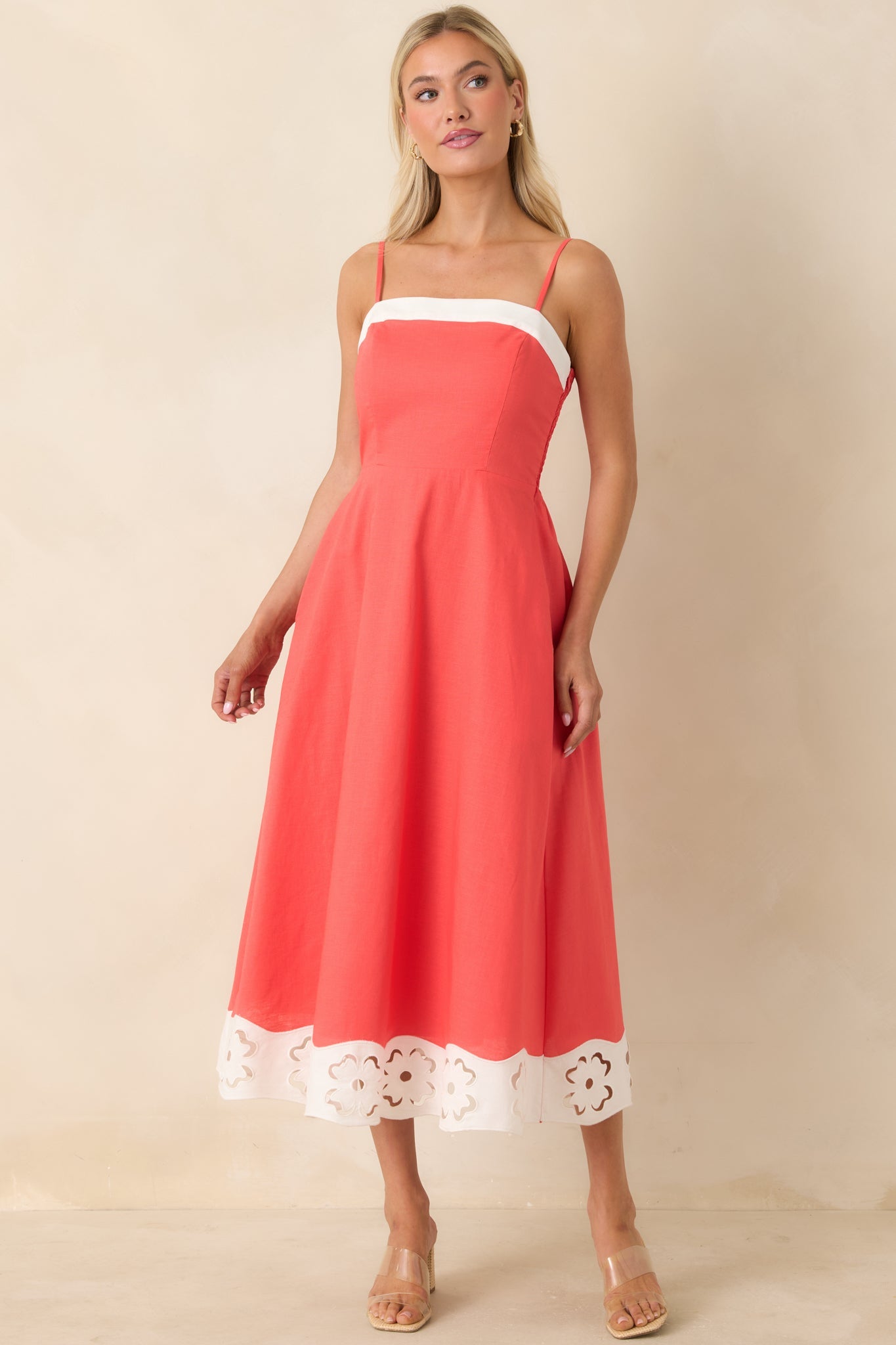 Cut Out for It Poppy Red & Ivory Cotton Linen Floral Cutout Midi Dress