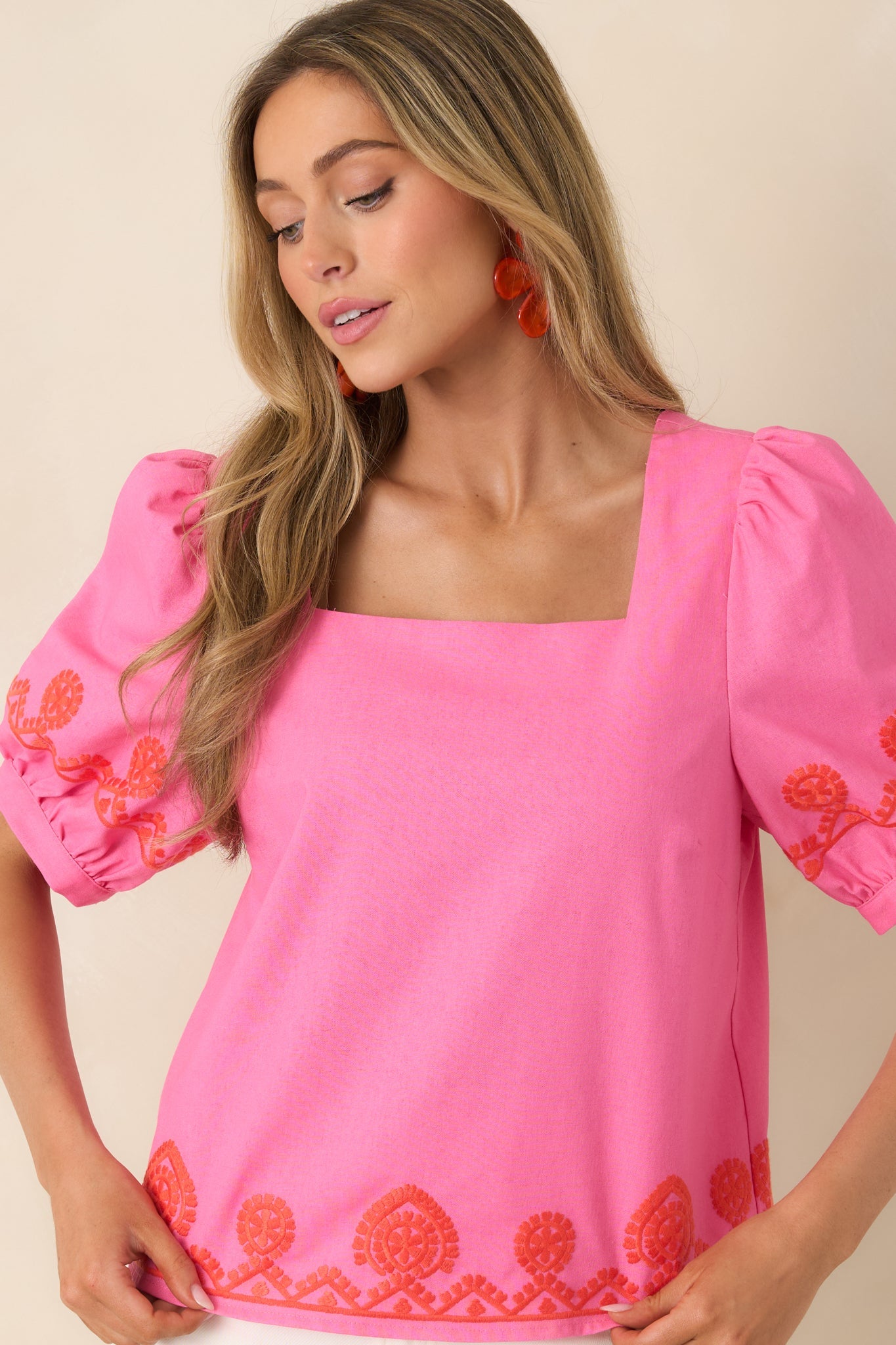 Cute With a Kick Pink & Poppy Red Contrast Embroidered Top