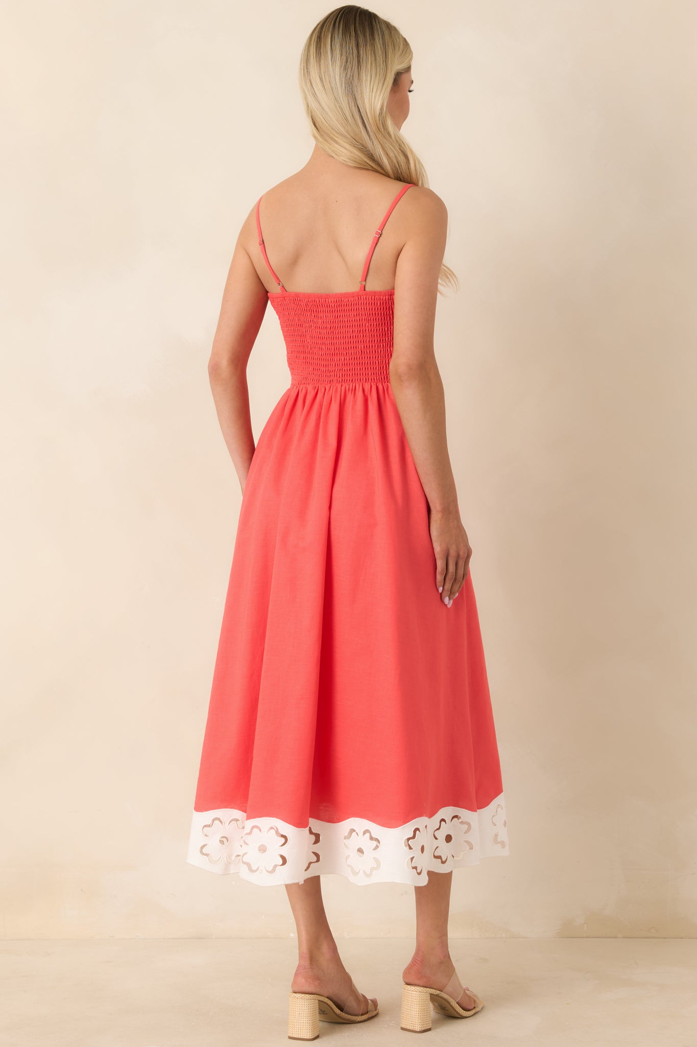 Cut Out for It Poppy Red & Ivory Cotton Linen Floral Cutout Midi Dress