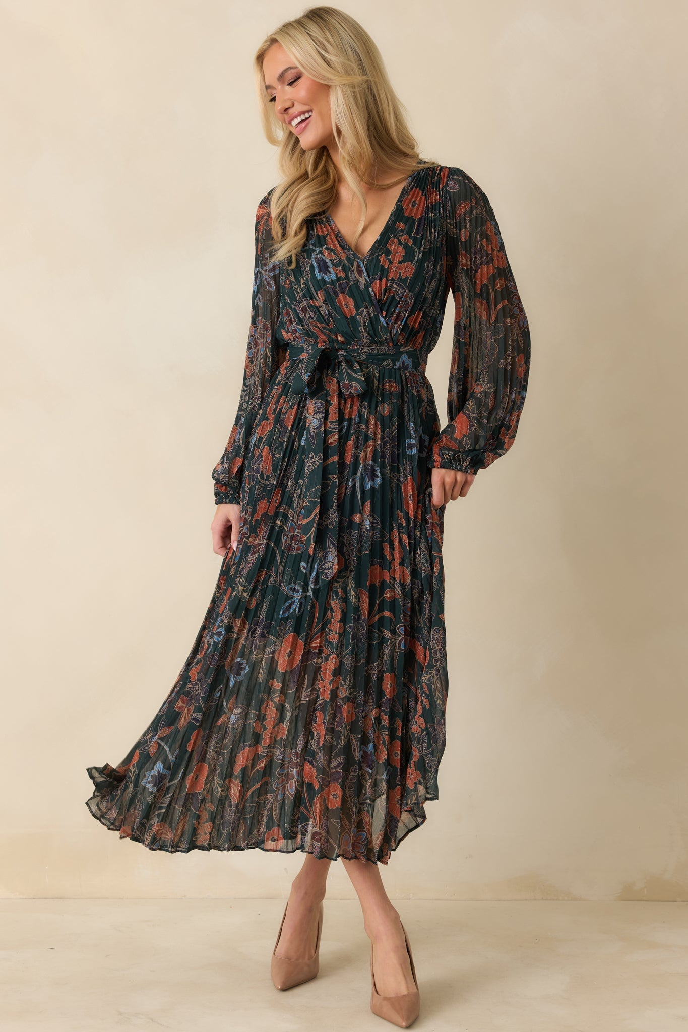 The One You Want Dark Green Multi Floral Pattern Pleated Maxi Dress