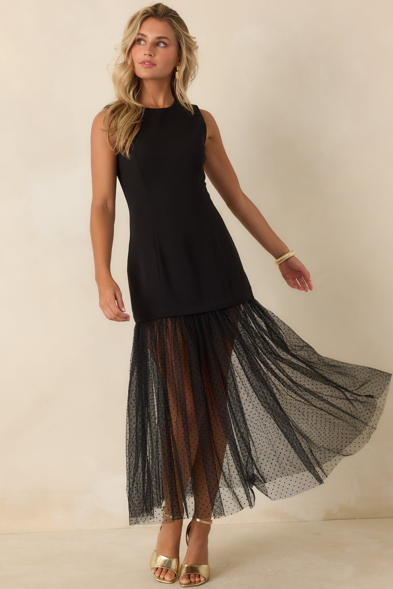 Dancing After Dark Black Swiss Dot Mesh Hem Midi Dress