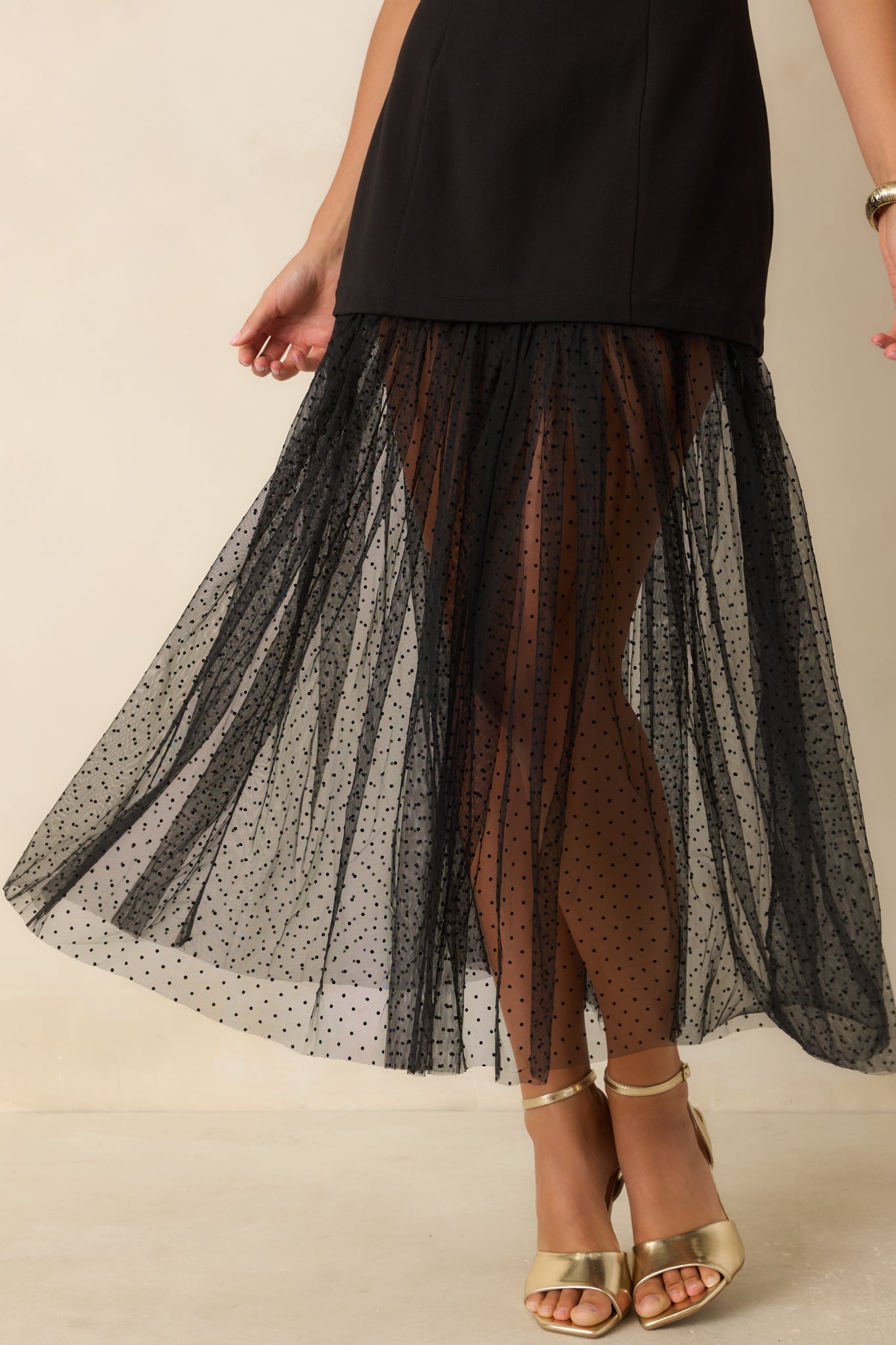 Dancing After Dark Black Swiss Dot Mesh Hem Midi Dress