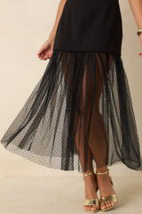Dancing After Dark Black Swiss Dot Mesh Hem Midi Dress