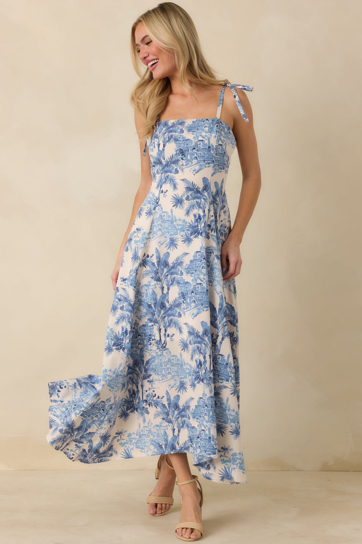 Santorini Sketch Blue Palm Print Tie Strap Maxi Dress