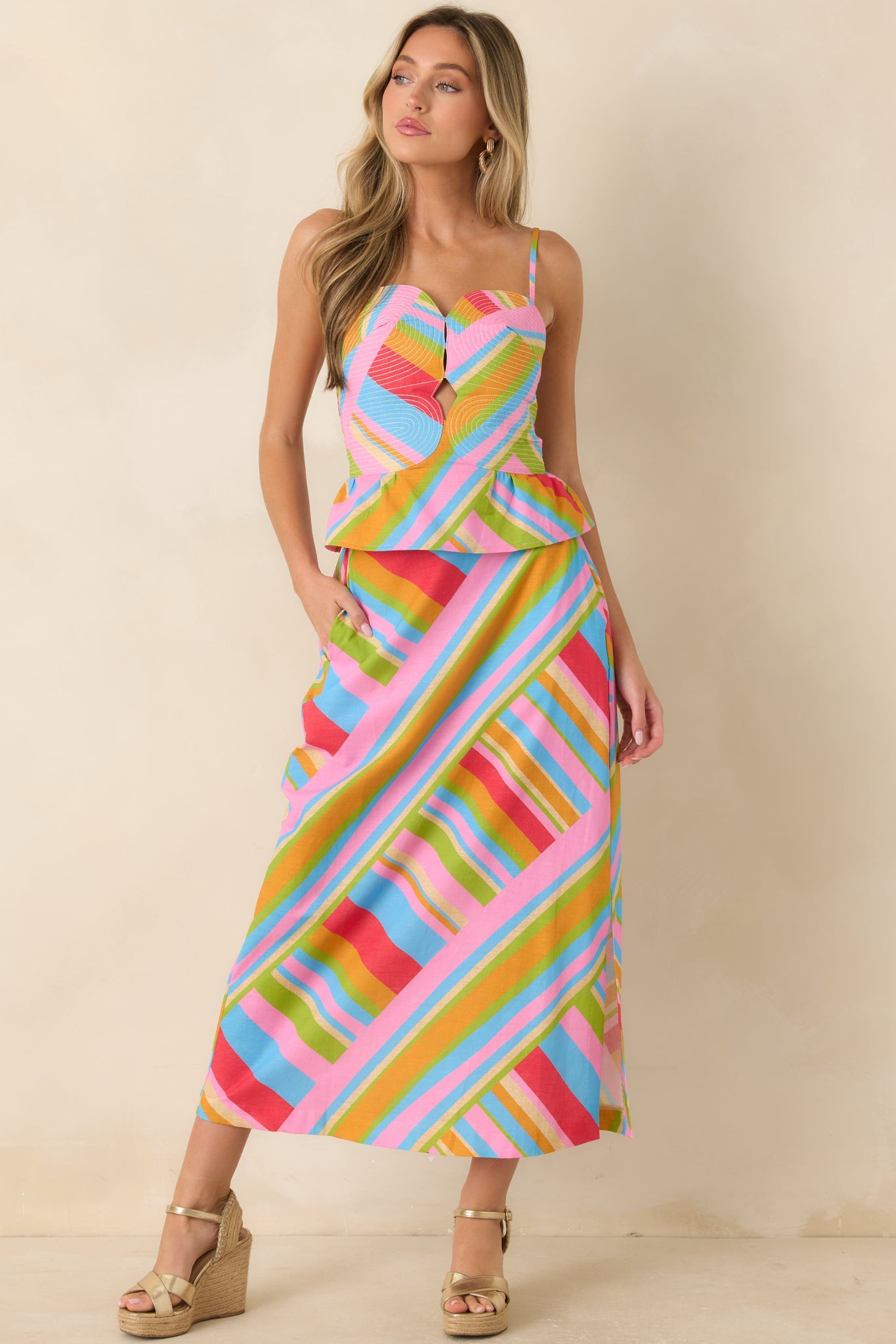Nothing But Good Vibes Multi Geometric Cotton Linen Midi Skirt
