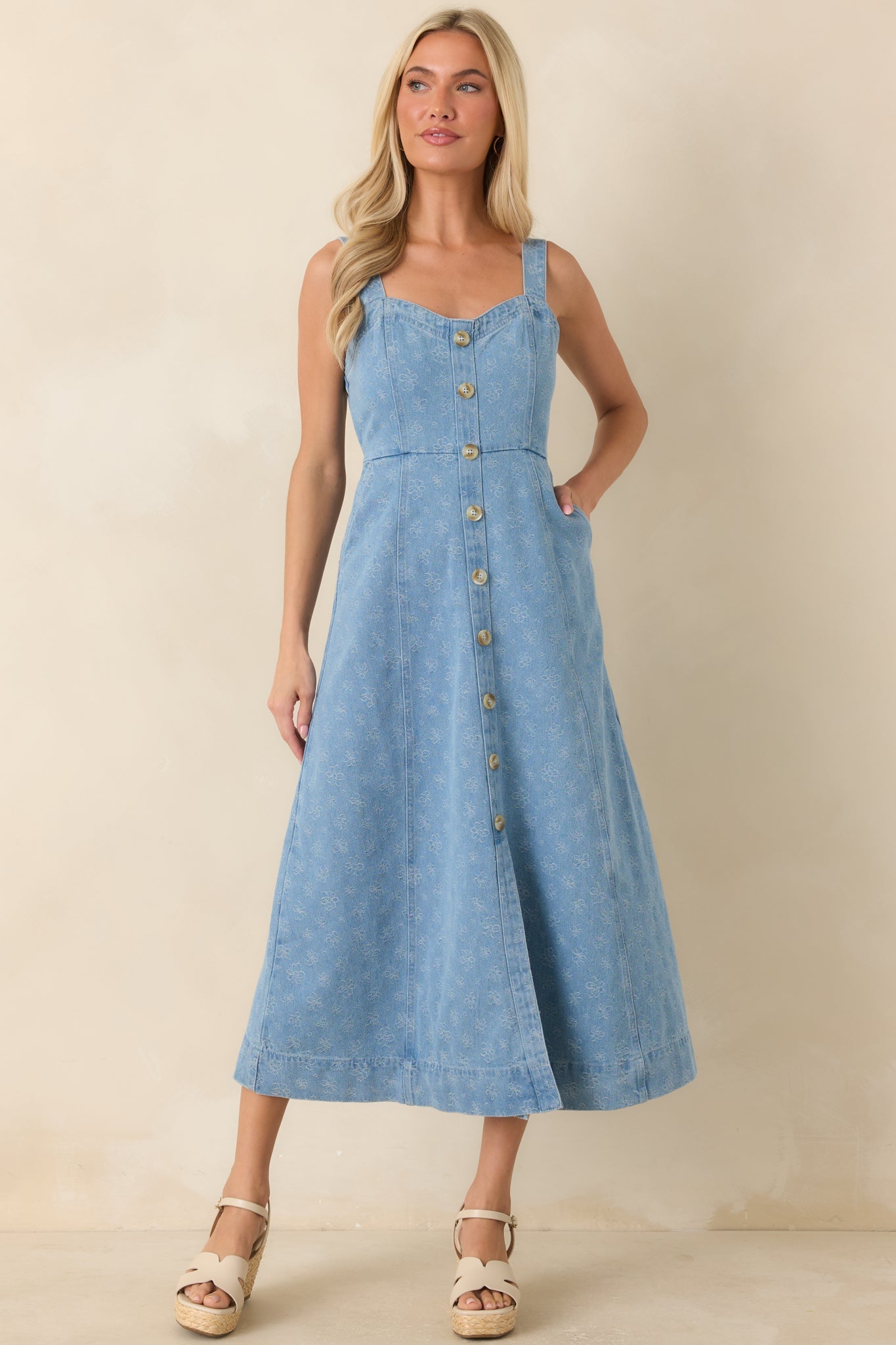 Dreaming in Blue Light Wash Denim Floral Midi Dress