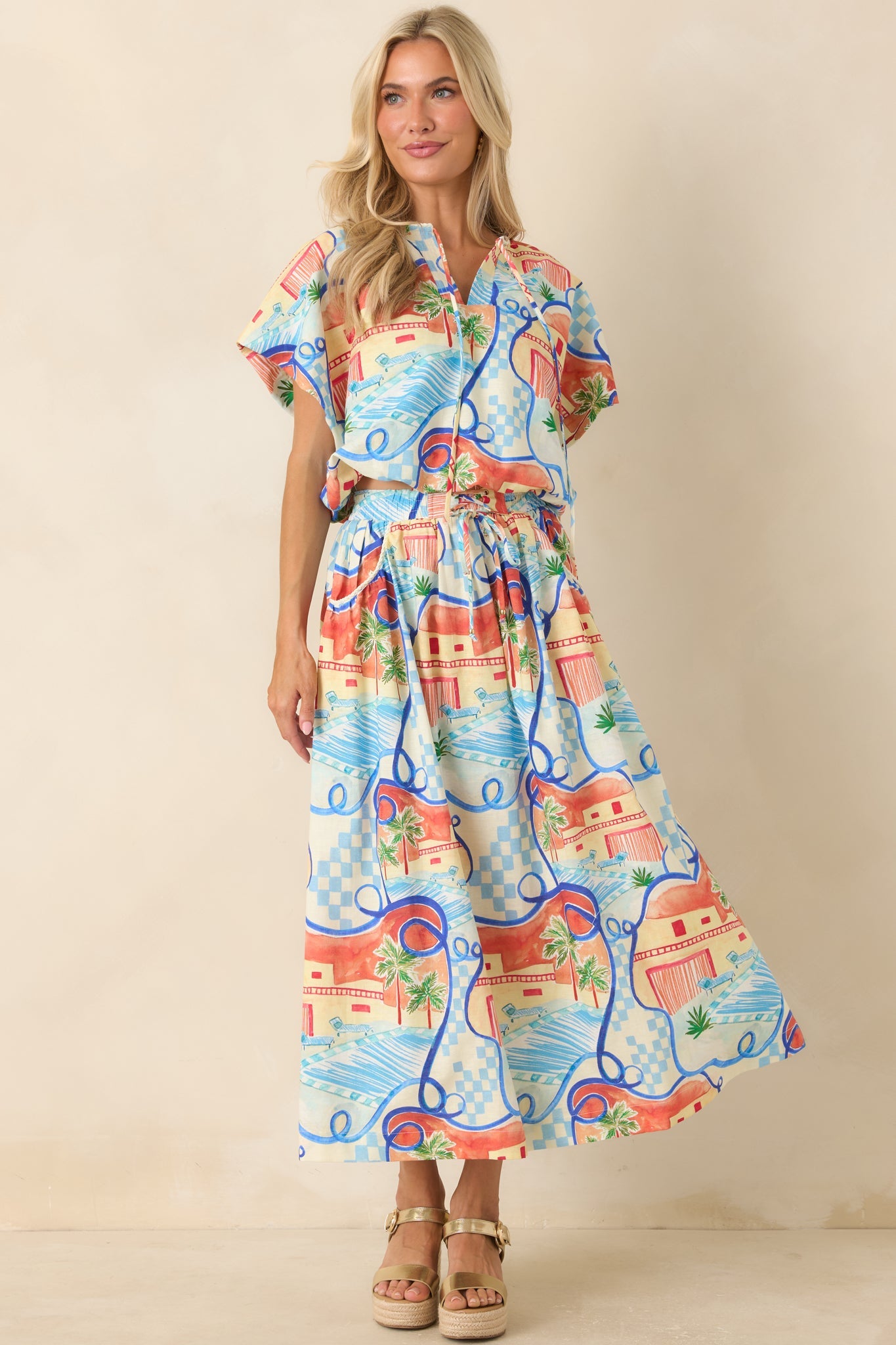 Where To Next? Coral Orange & Blue Multi Poolside Print Midi Skirt