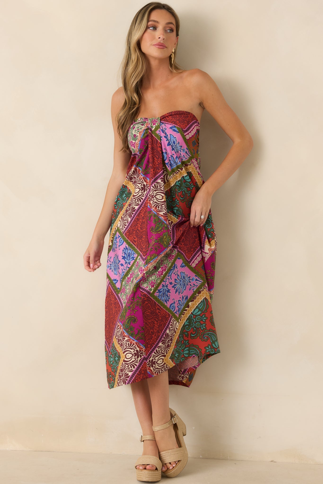Everyone Knows Red Multi Patchwork Print Rayon Strapless Midi Dress