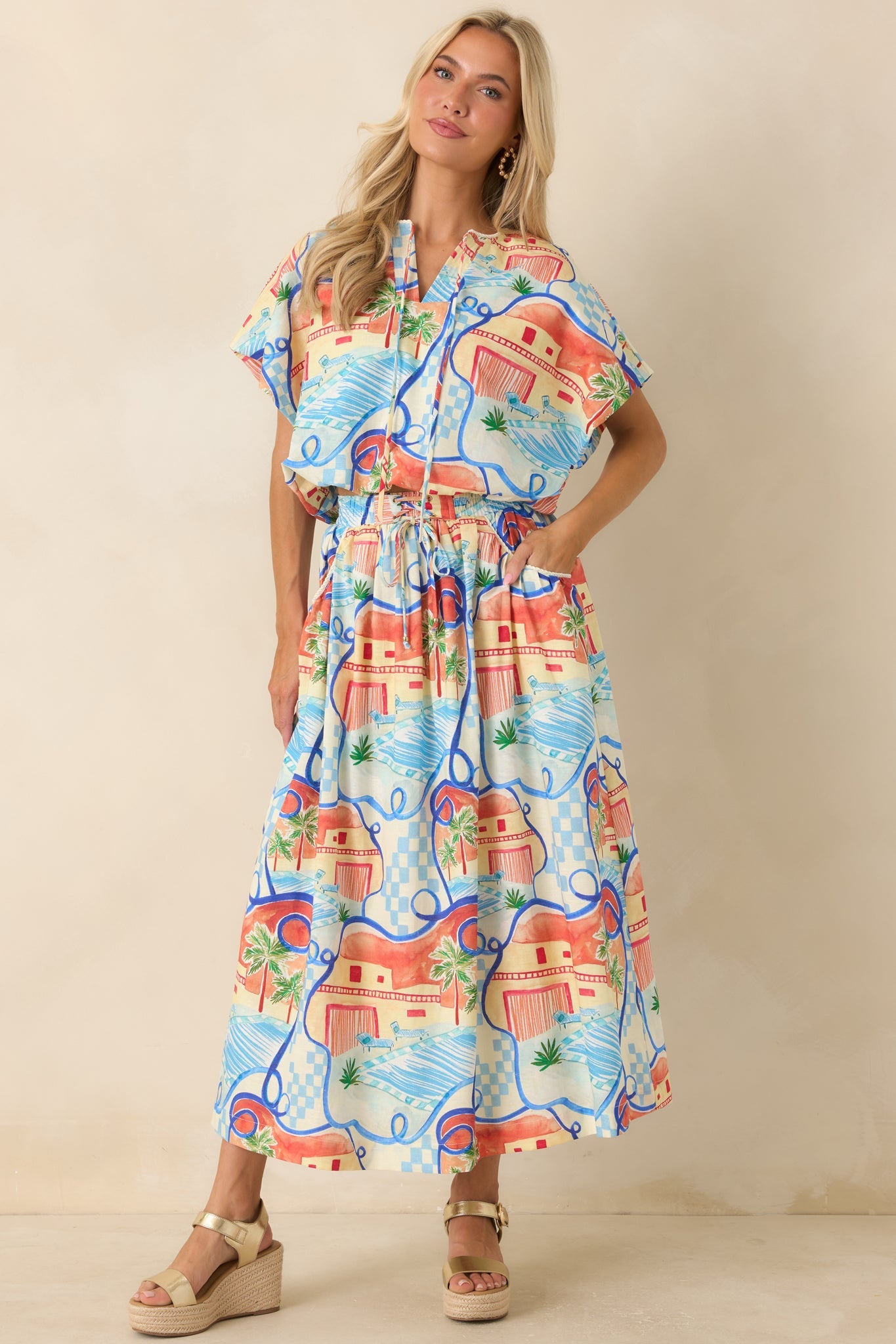 Where To Next? Coral Orange & Blue Multi Poolside Print Top