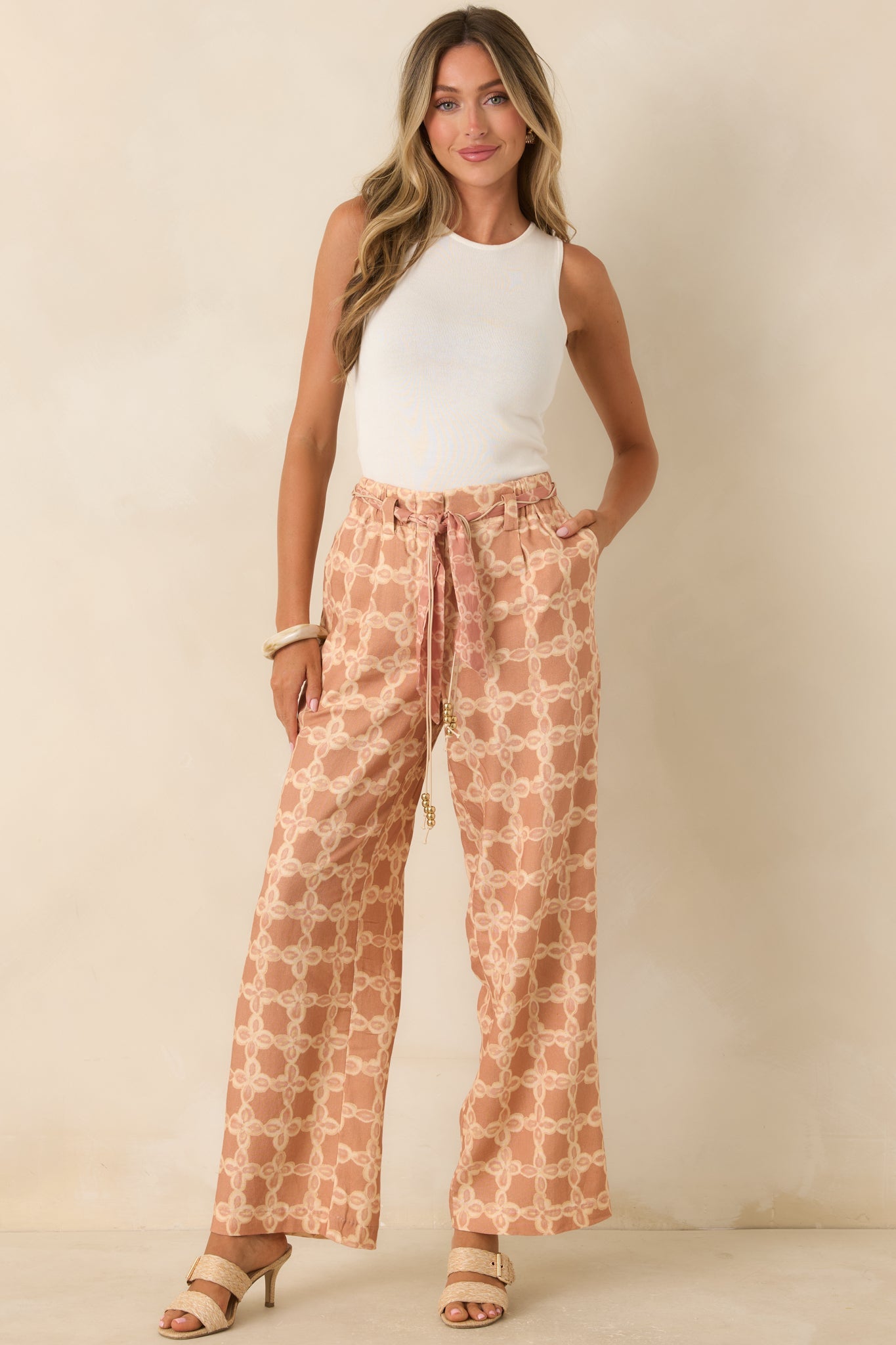 Write Me Back Tan & Ivory Printed Wide Leg Pants