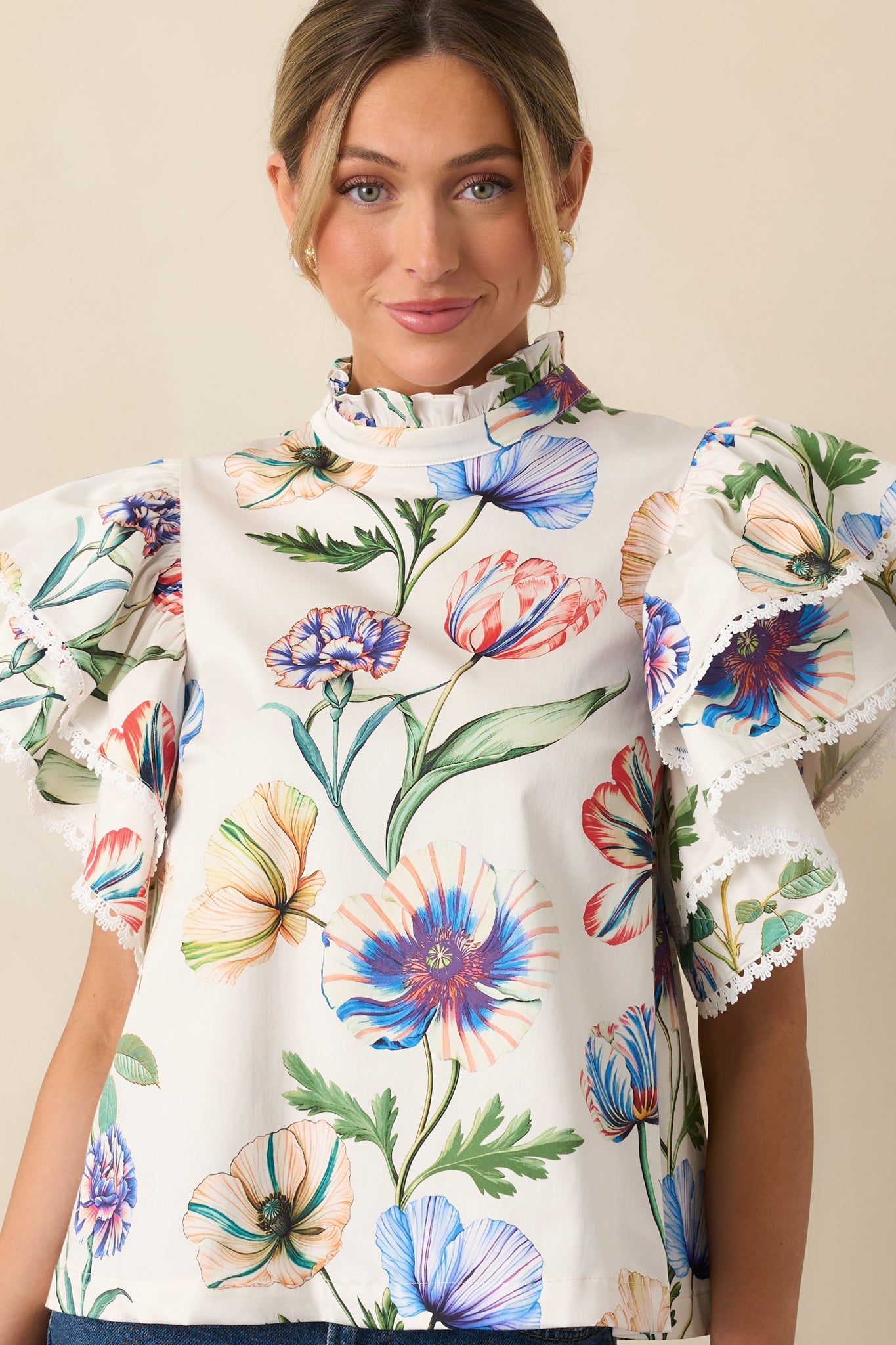 Prosperina Blair Ivory Multi Floral Print Cotton Ruffle Top