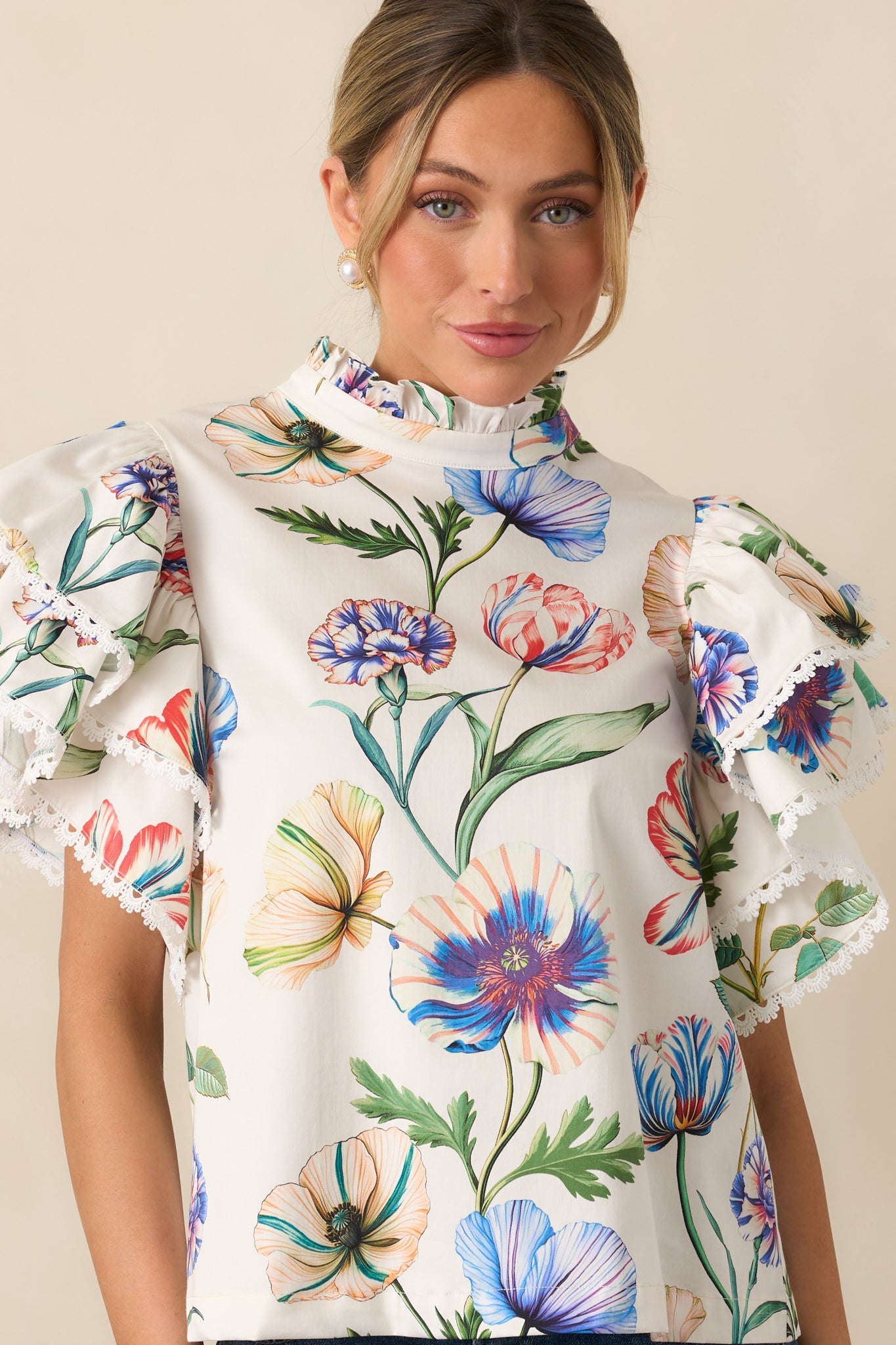 Prosperina Blair Ivory Multi Floral Print Cotton Ruffle Top