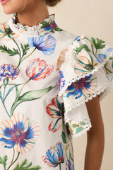 Prosperina Blair Ivory Multi Floral Print Cotton Ruffle Top
