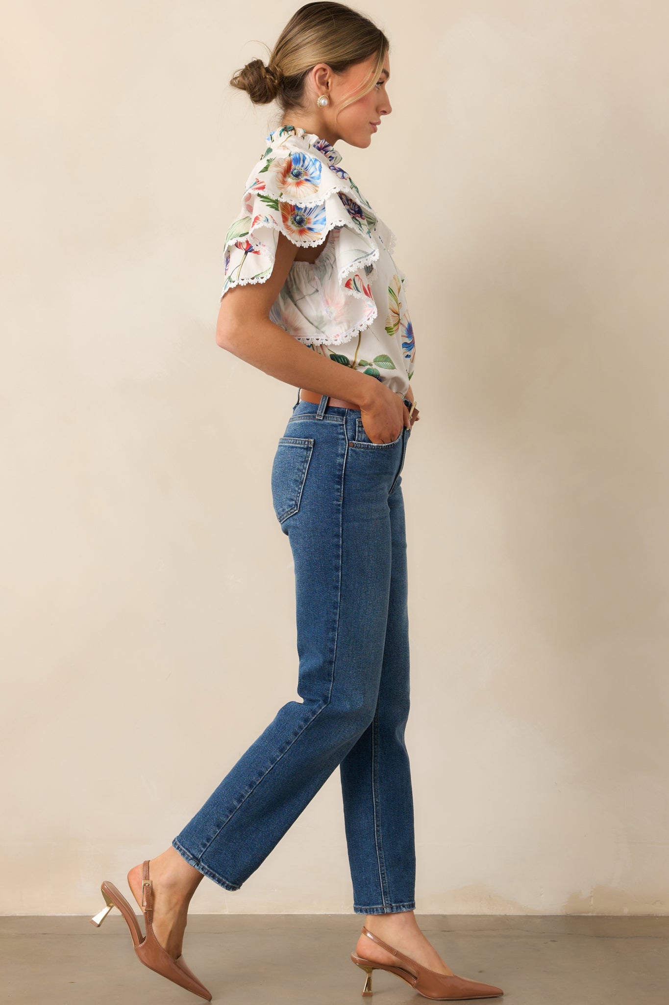 Prosperina Blair Ivory Multi Floral Print Cotton Ruffle Top