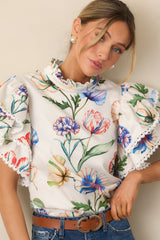 Prosperina Blair Ivory Multi Floral Print Cotton Ruffle Top