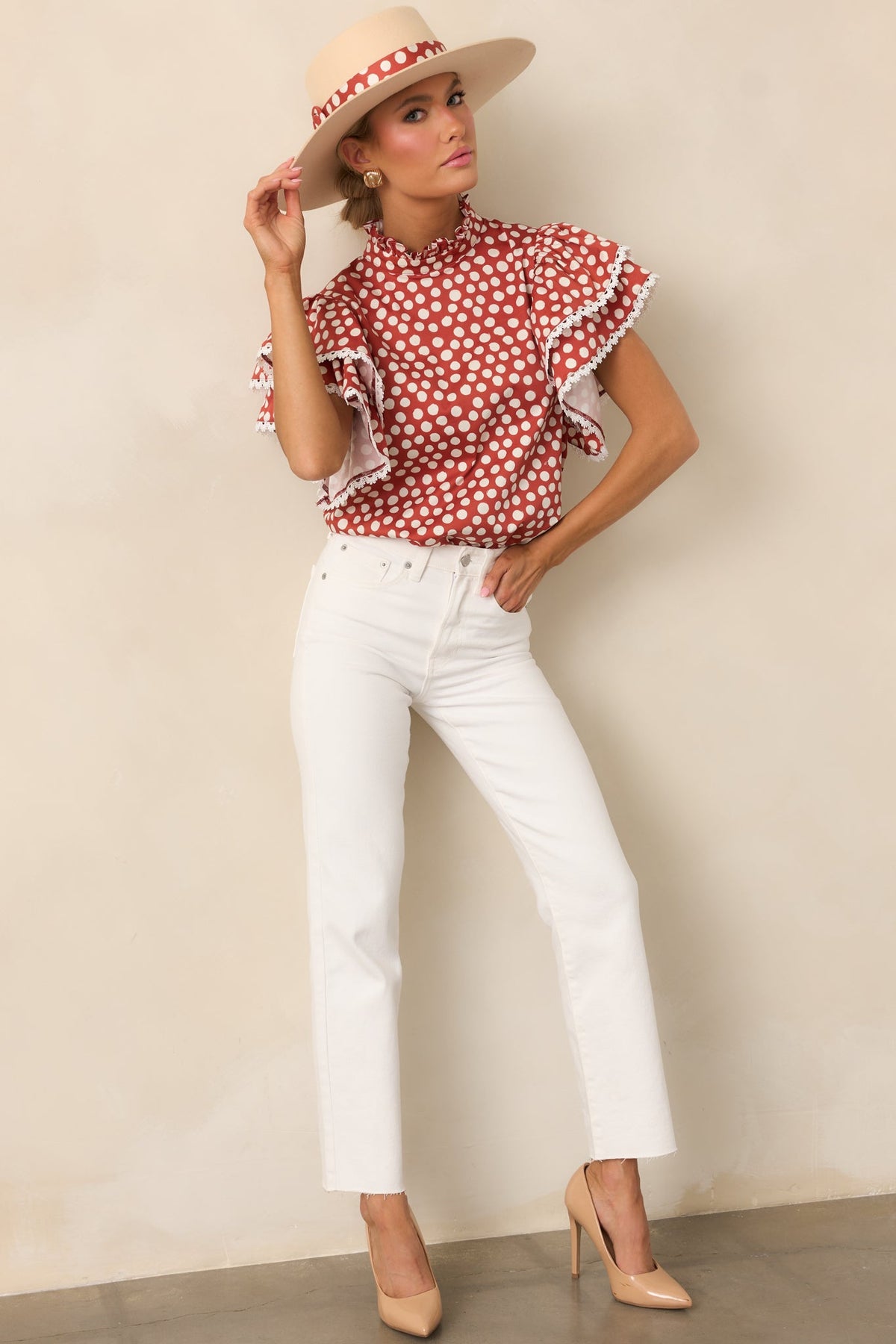 Prosperina Blair Brick Red Polka Dot Cotton Ruffle Top