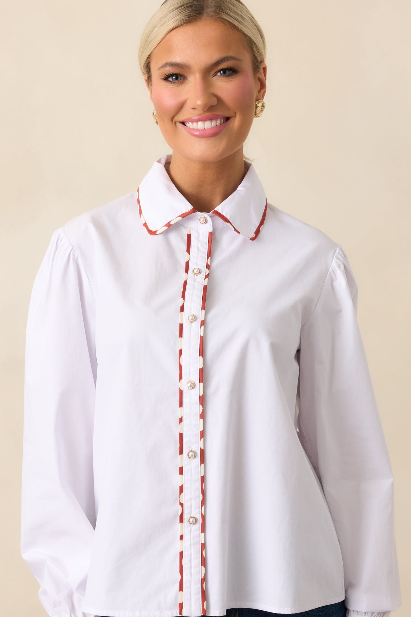 Prosperina Vivian White Cotton Contrast Trim Top