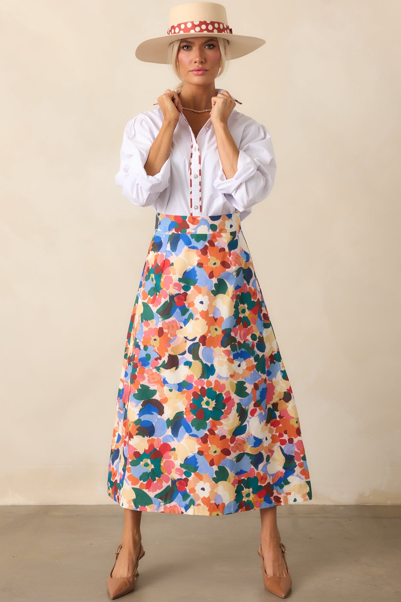 Prosperina River Orange Multi Floral Print Cotton Midi Skirt