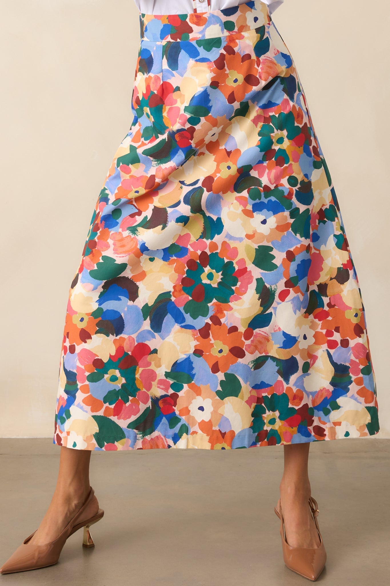 Prosperina River Orange Multi Floral Print Cotton Midi Skirt