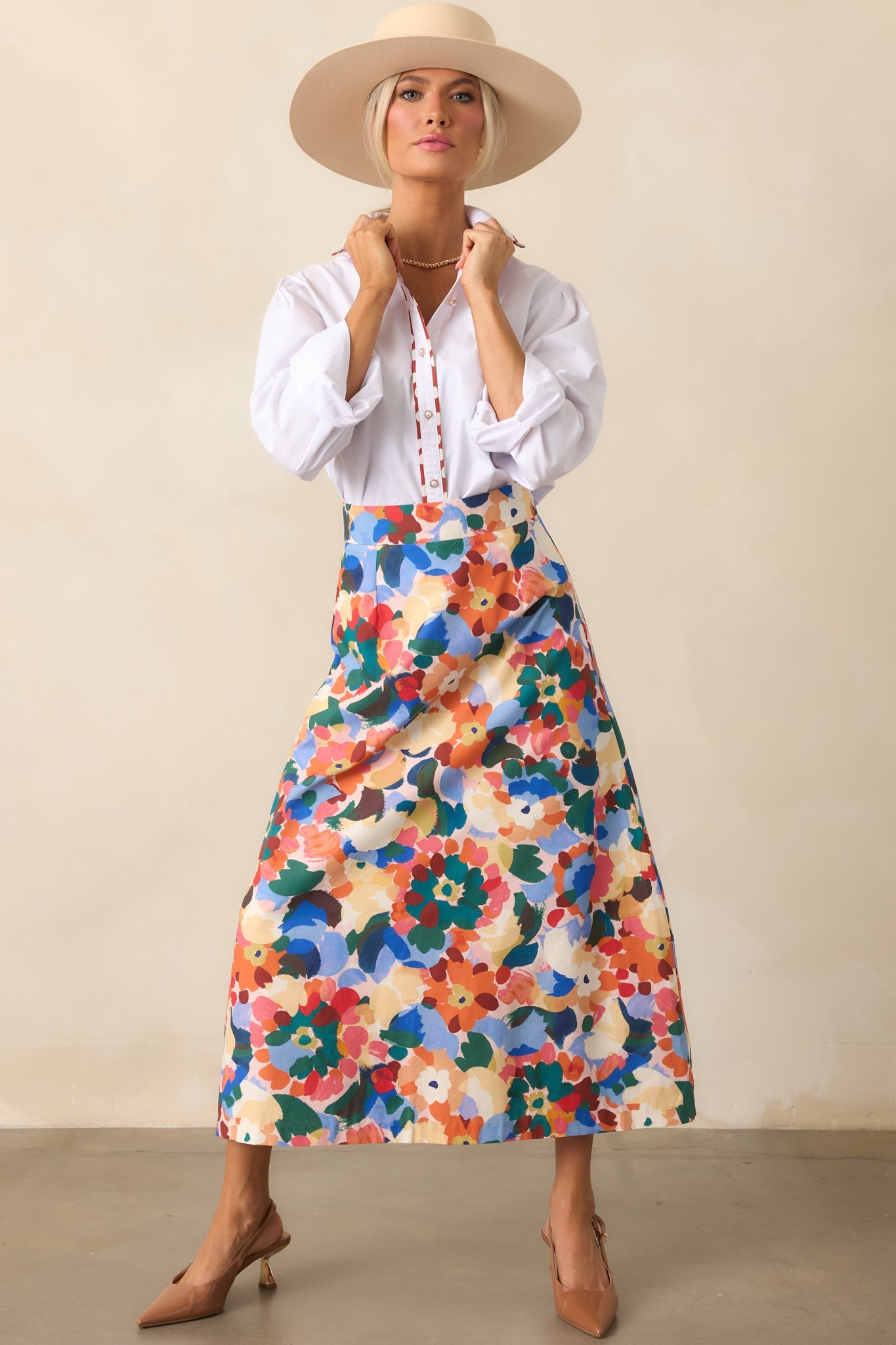 Prosperina River Orange Multi Floral Print Cotton Midi Skirt