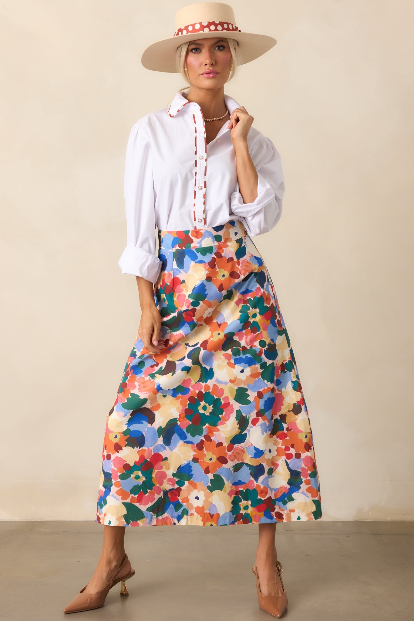 Prosperina River Orange Multi Floral Print Cotton Midi Skirt