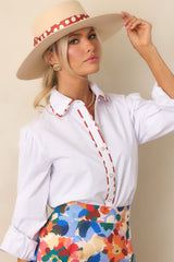 Prosperina Vivian White Cotton Contrast Trim Top
