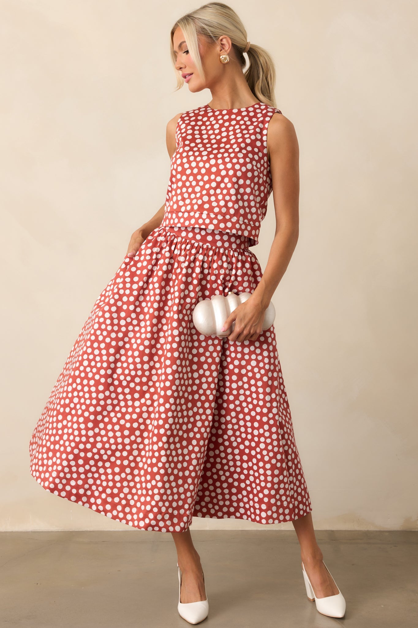 Prosperina Thena Brick Red Polka Dot Cotton Midi Skirt