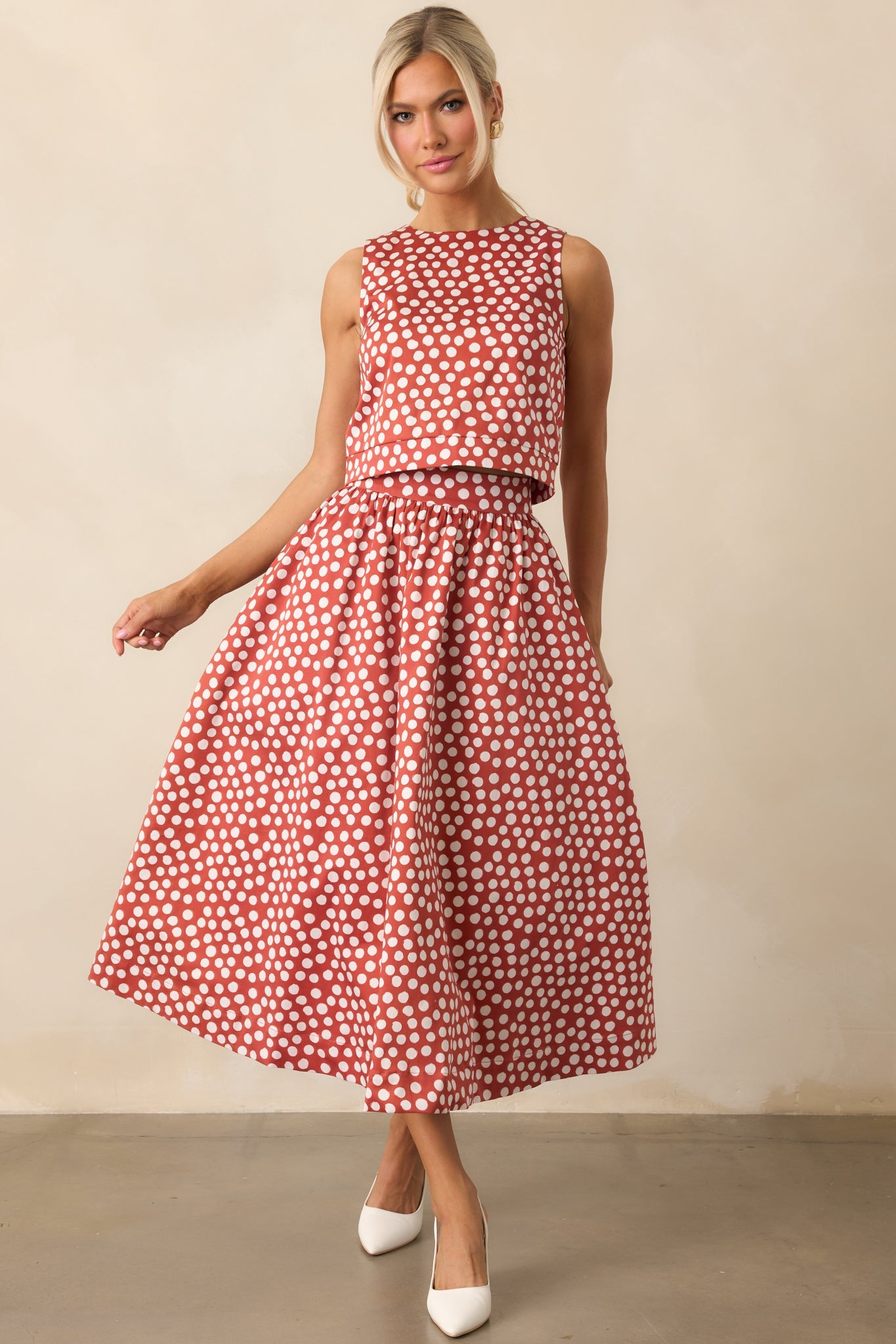 Prosperina Thena Brick Red Polka Dot Cotton Midi Skirt