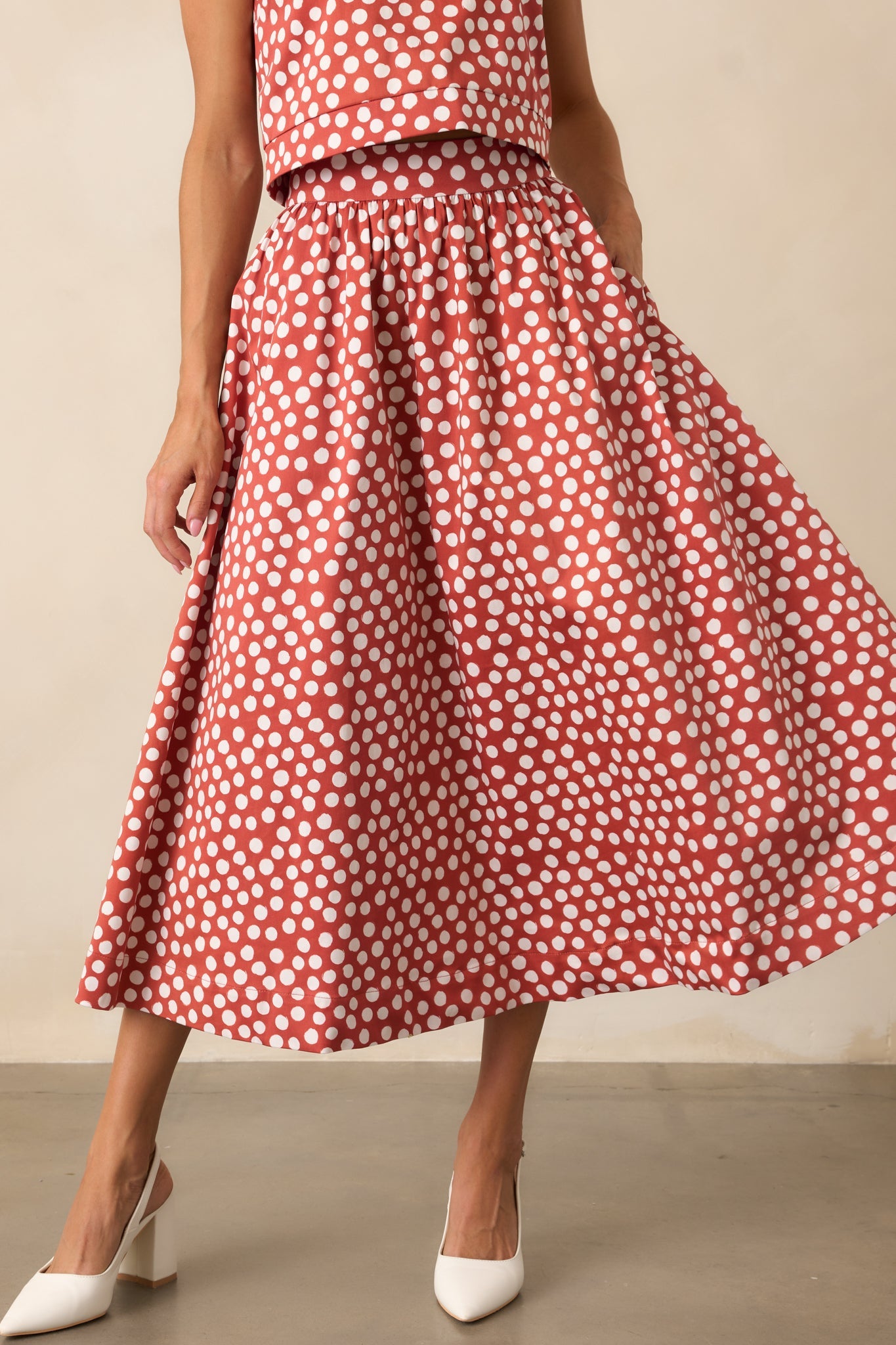 Prosperina Thena Brick Red Polka Dot Cotton Midi Skirt