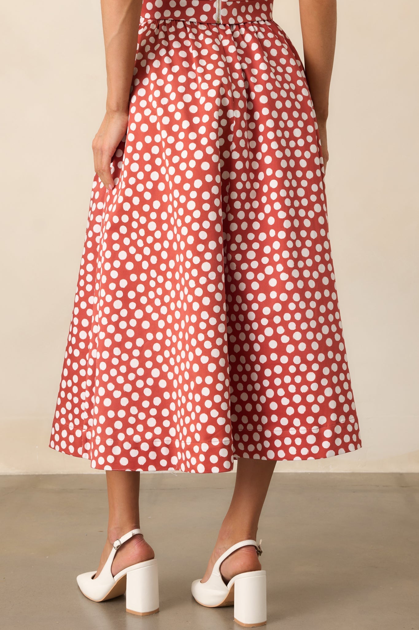 Prosperina Thena Brick Red Polka Dot Cotton Midi Skirt