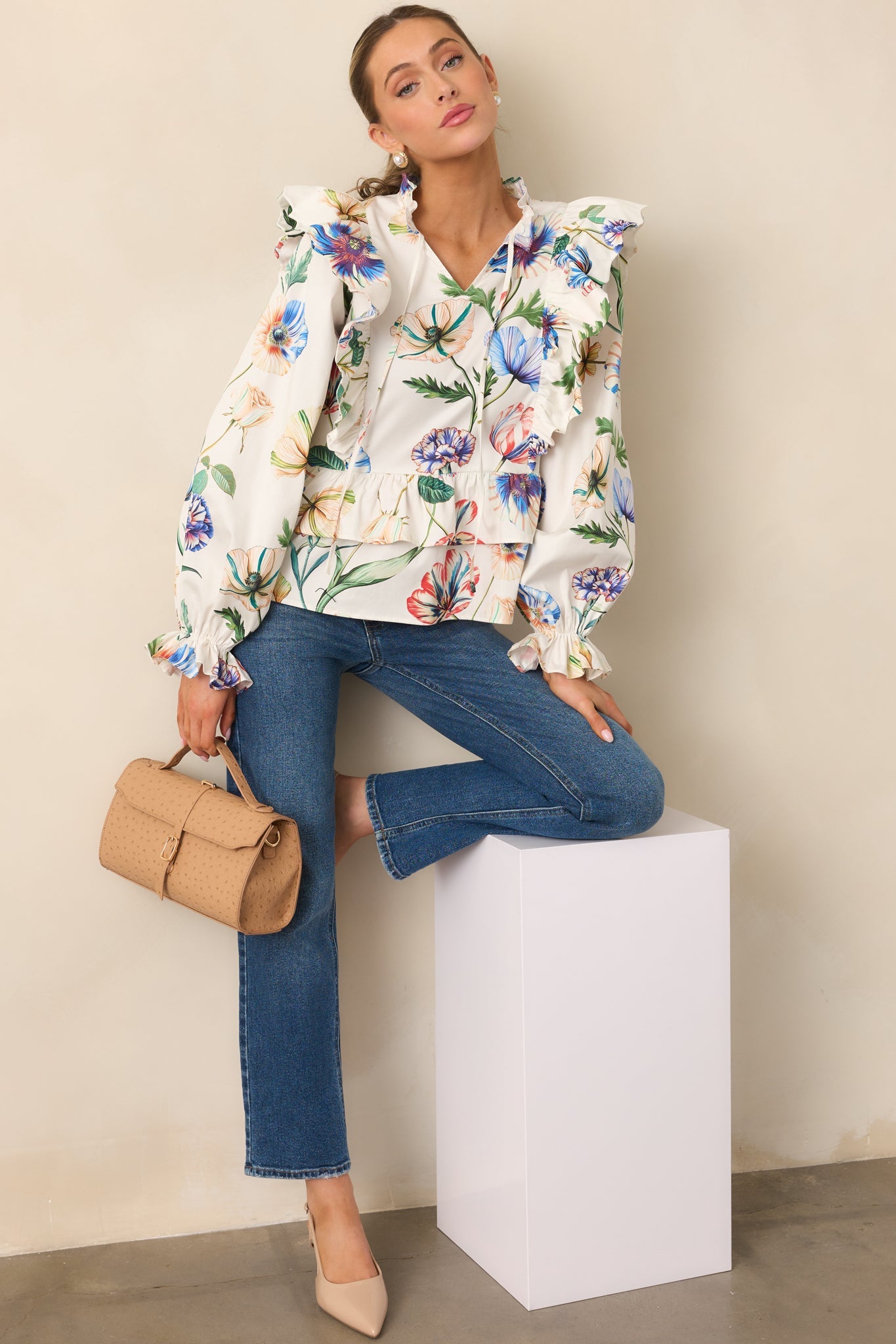 Prosperina Faye Ivory Multi Floral Print Cotton Ruffle Top