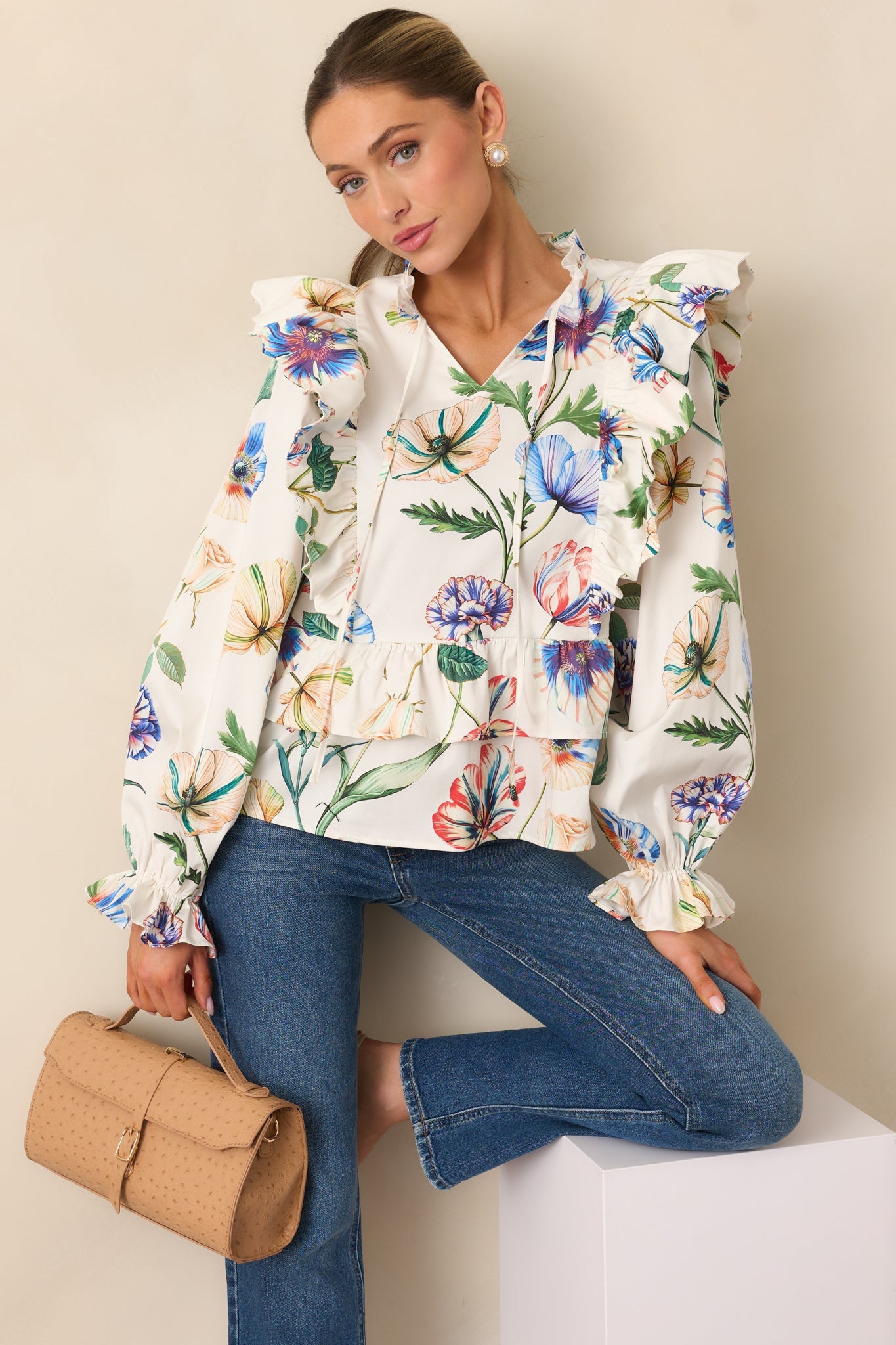 Prosperina Faye Ivory Multi Floral Print Cotton Ruffle Top