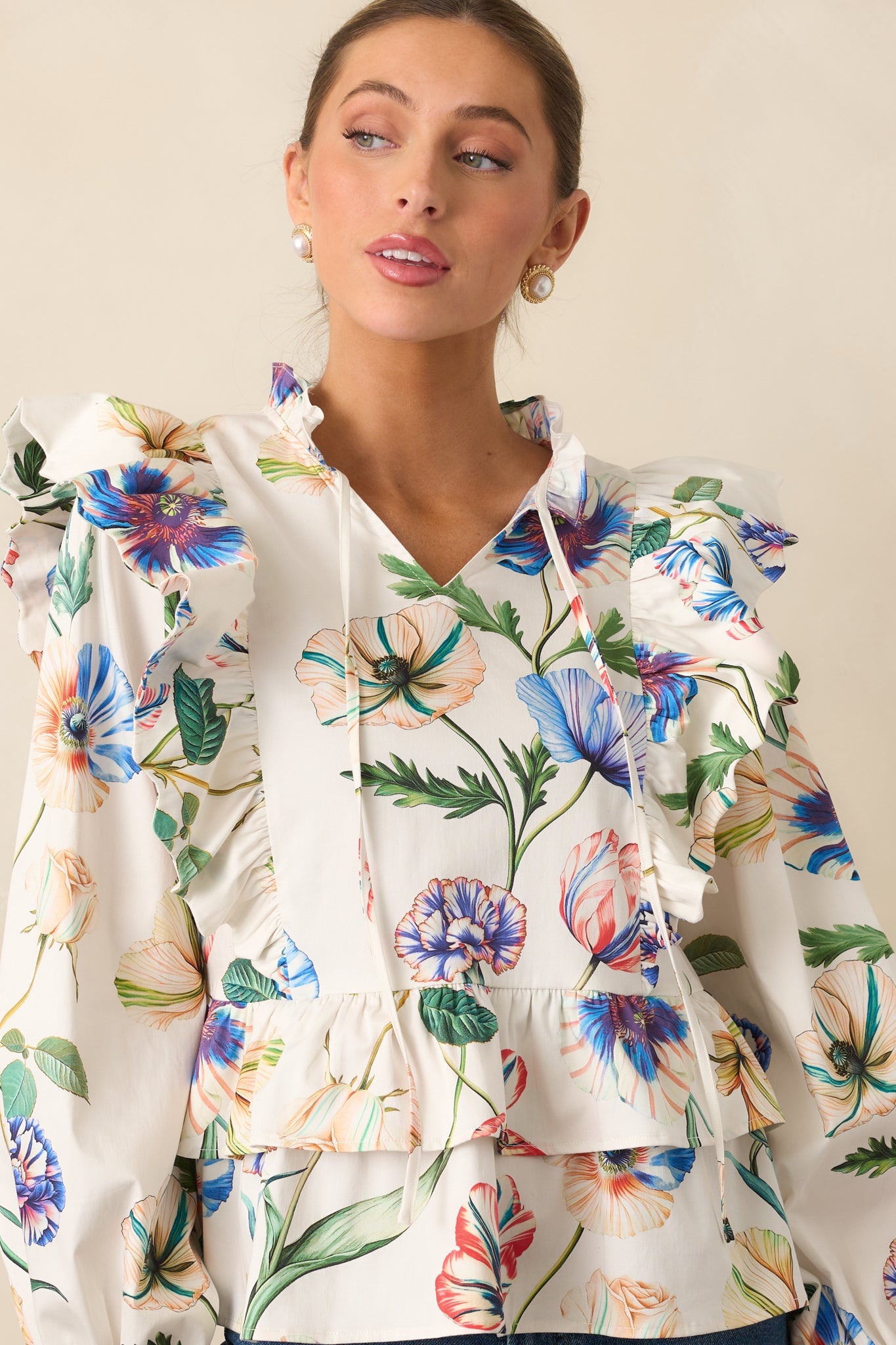 Prosperina Faye Ivory Multi Floral Print Cotton Ruffle Top