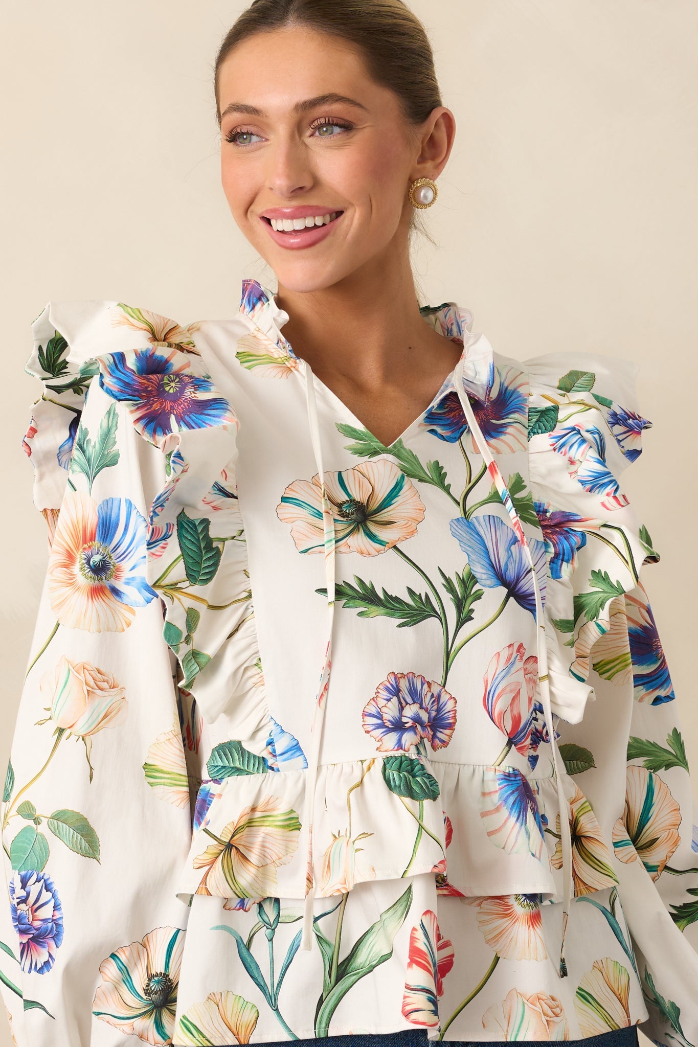 Prosperina Faye Ivory Multi Floral Print Cotton Ruffle Top