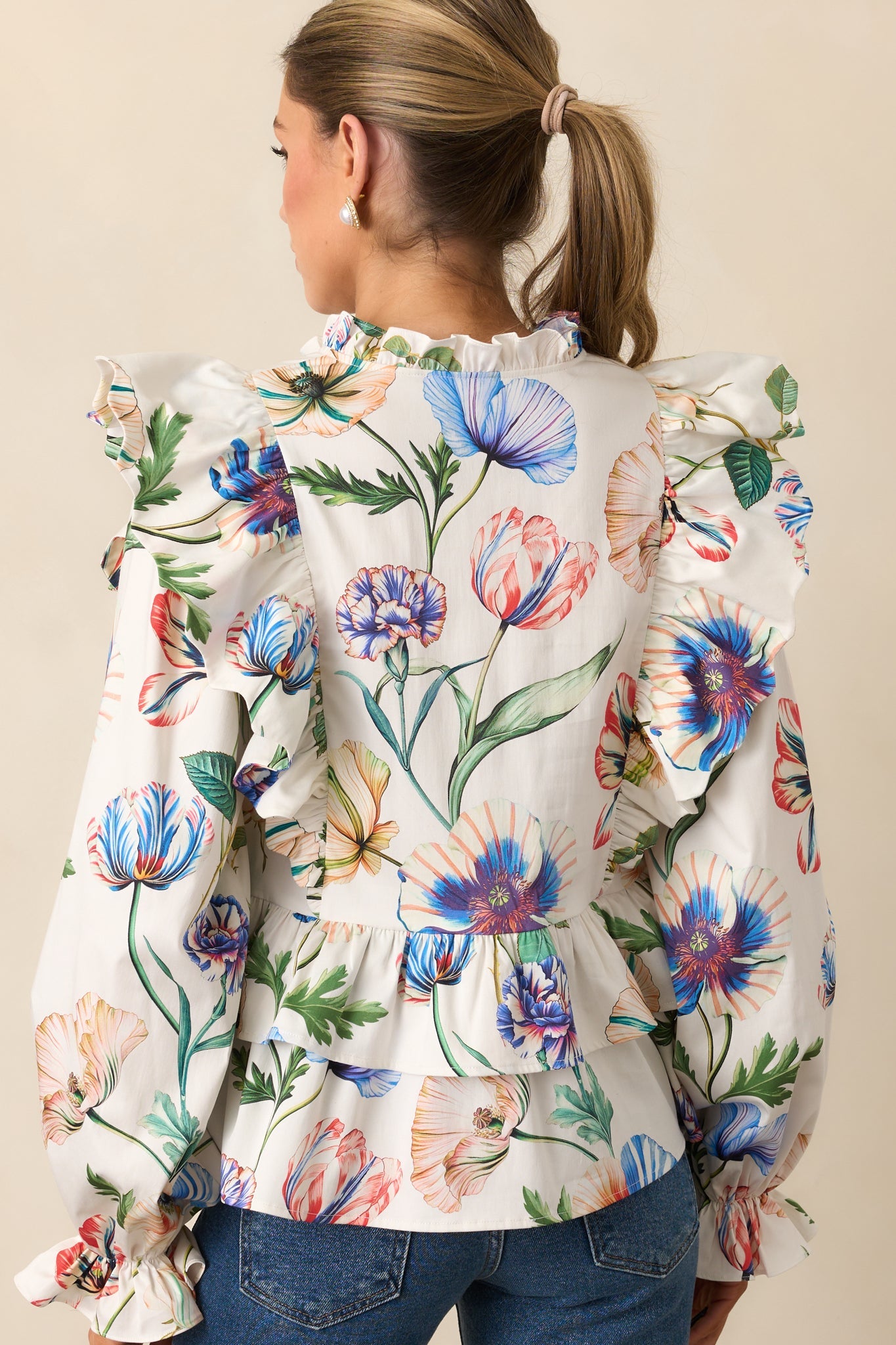 Prosperina Faye Ivory Multi Floral Print Cotton Ruffle Top