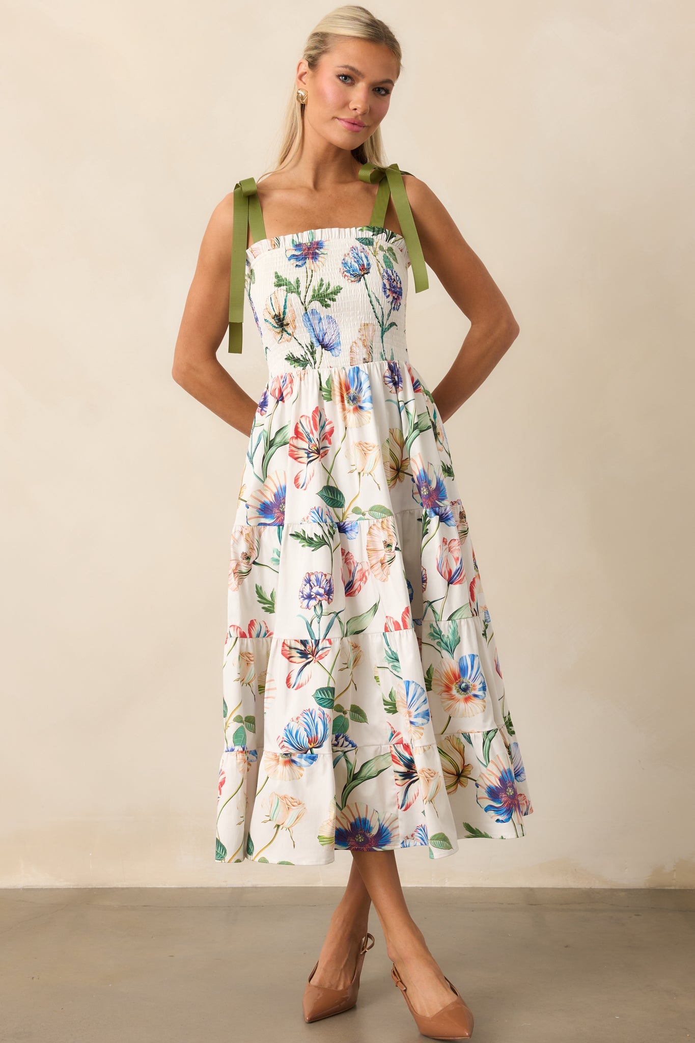 Prosperina Aurea Ivory Multi Floral Print Cotton Midi Dress