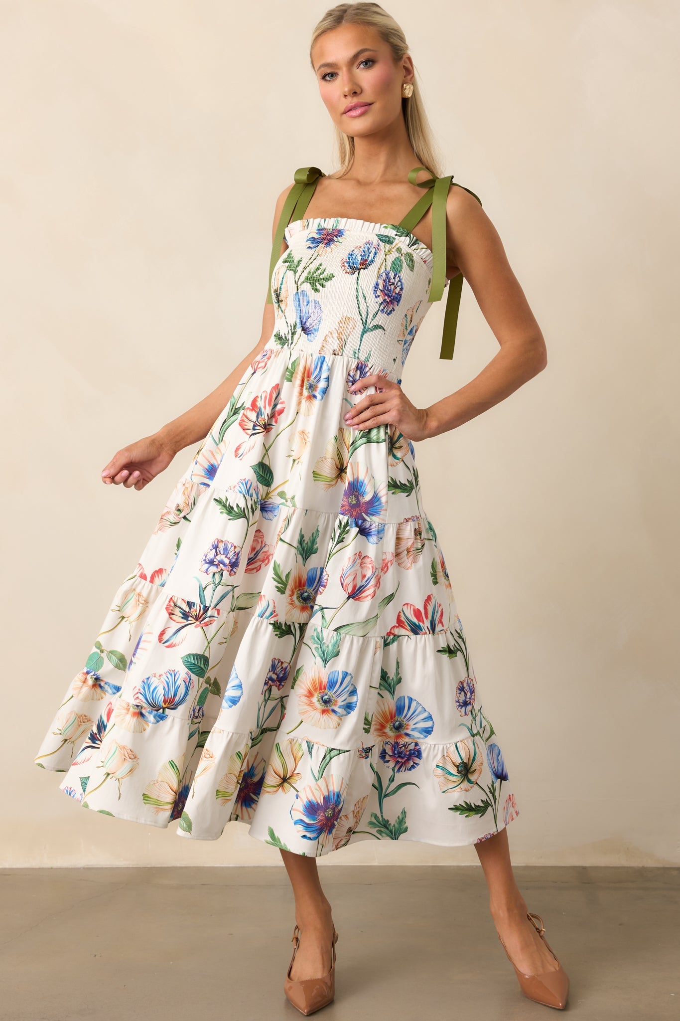 Prosperina Aurea Ivory Multi Floral Print Cotton Midi Dress