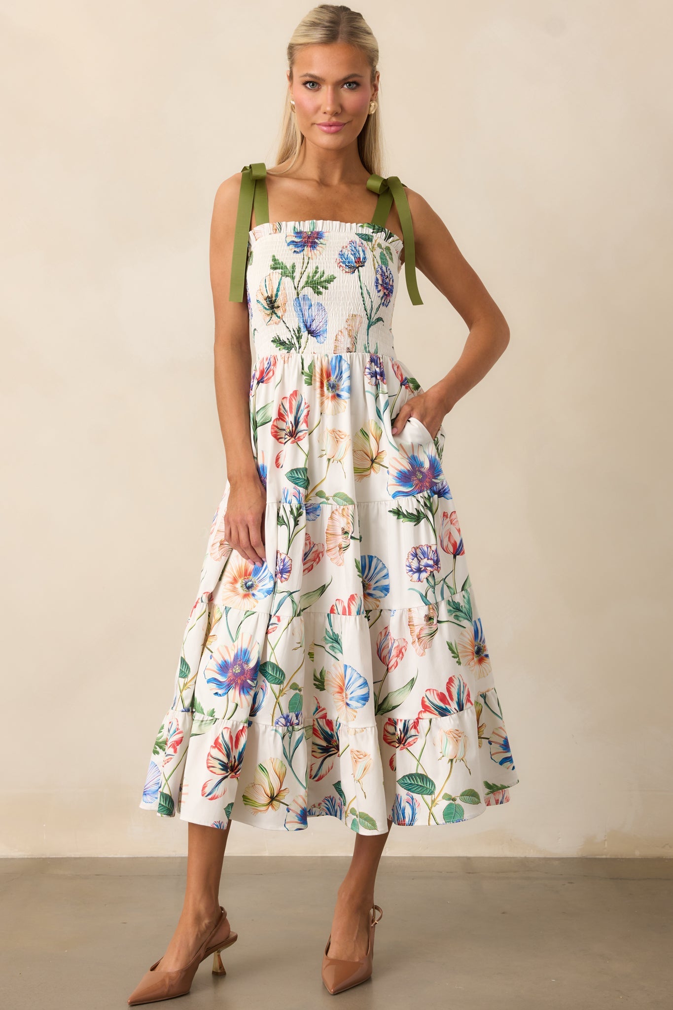 Prosperina Aurea Ivory Multi Floral Print Cotton Midi Dress