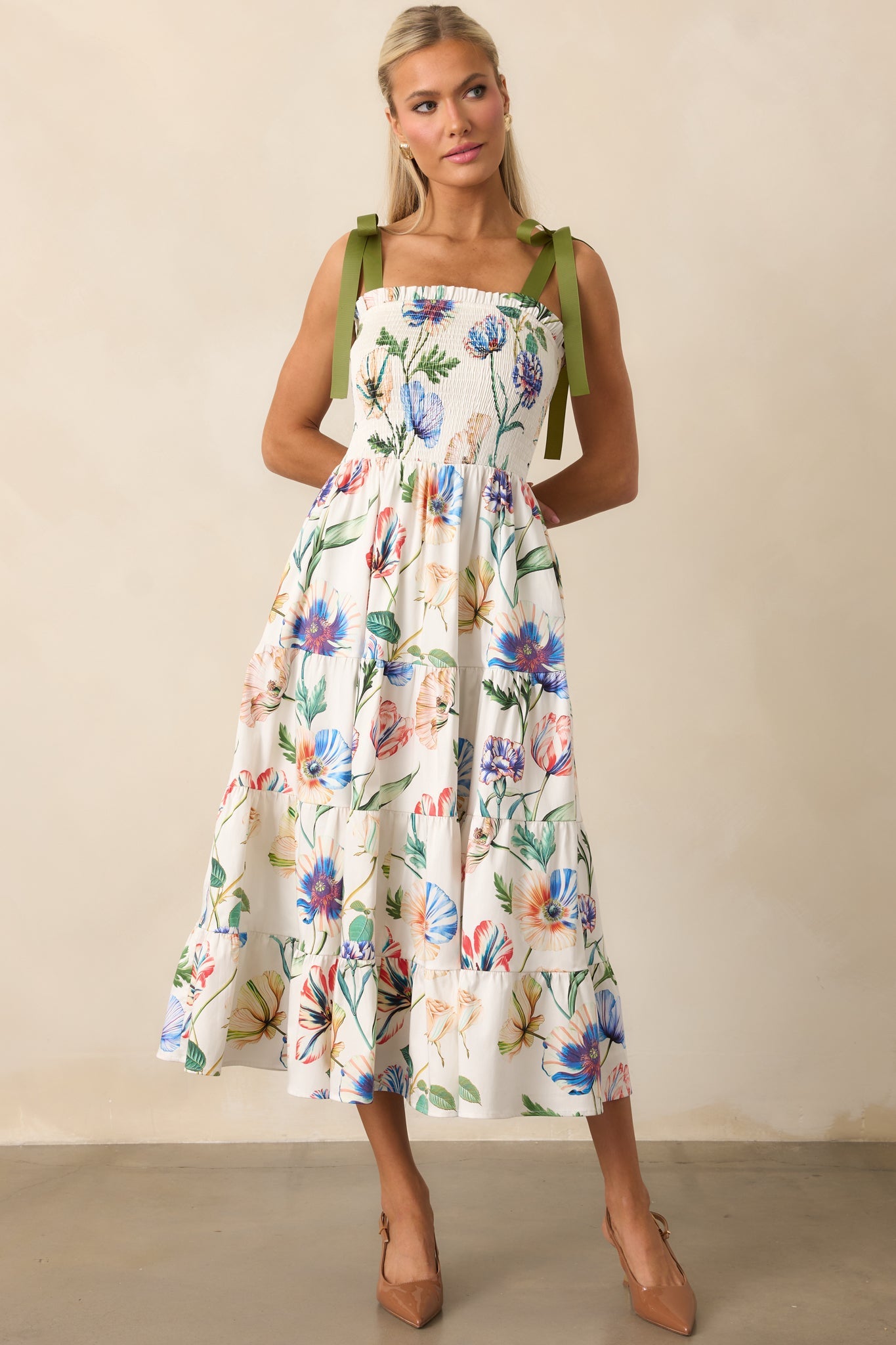Prosperina Aurea Ivory Multi Floral Print Cotton Midi Dress