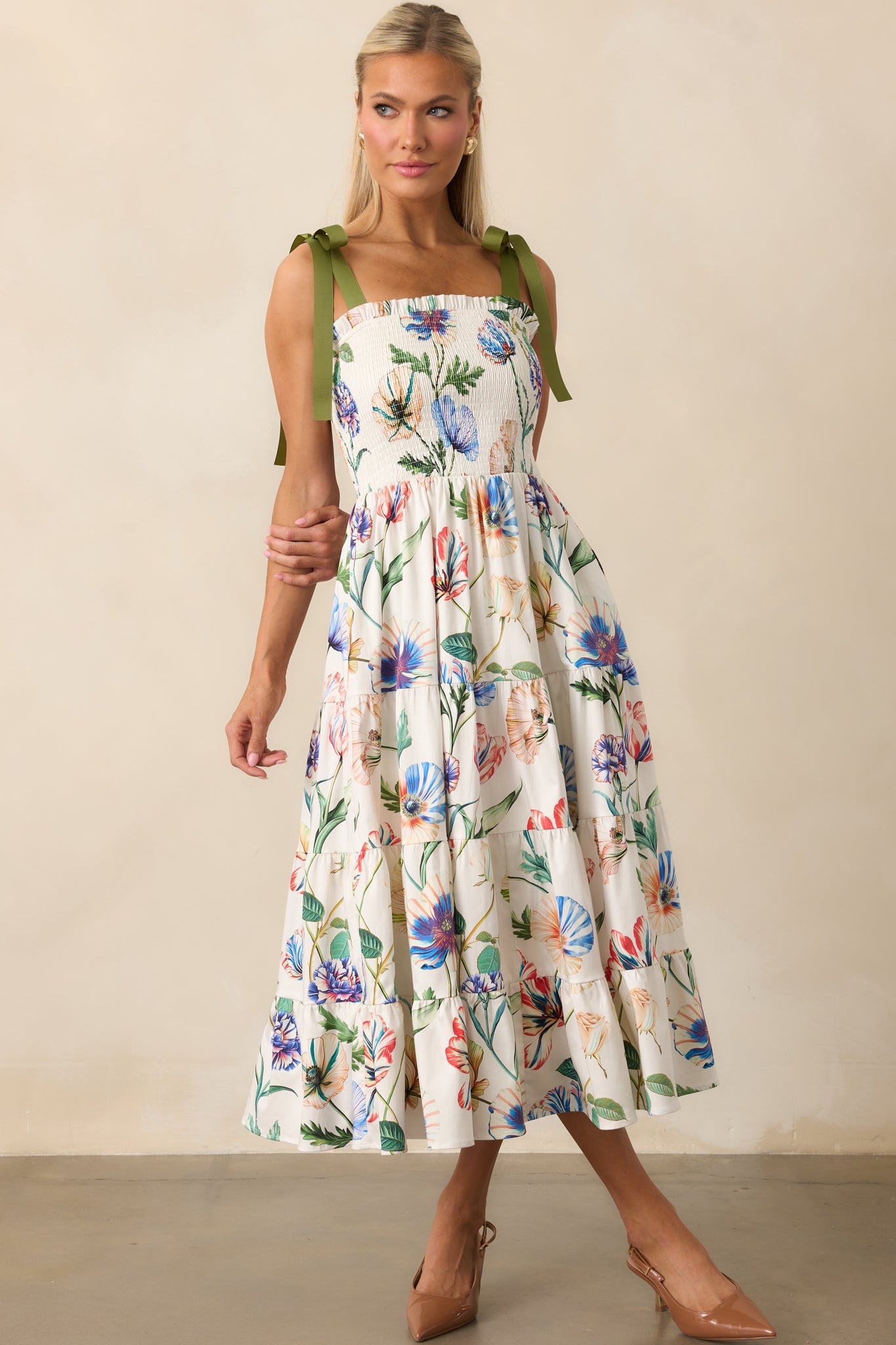 Prosperina Aurea Ivory Multi Floral Print Cotton Midi Dress