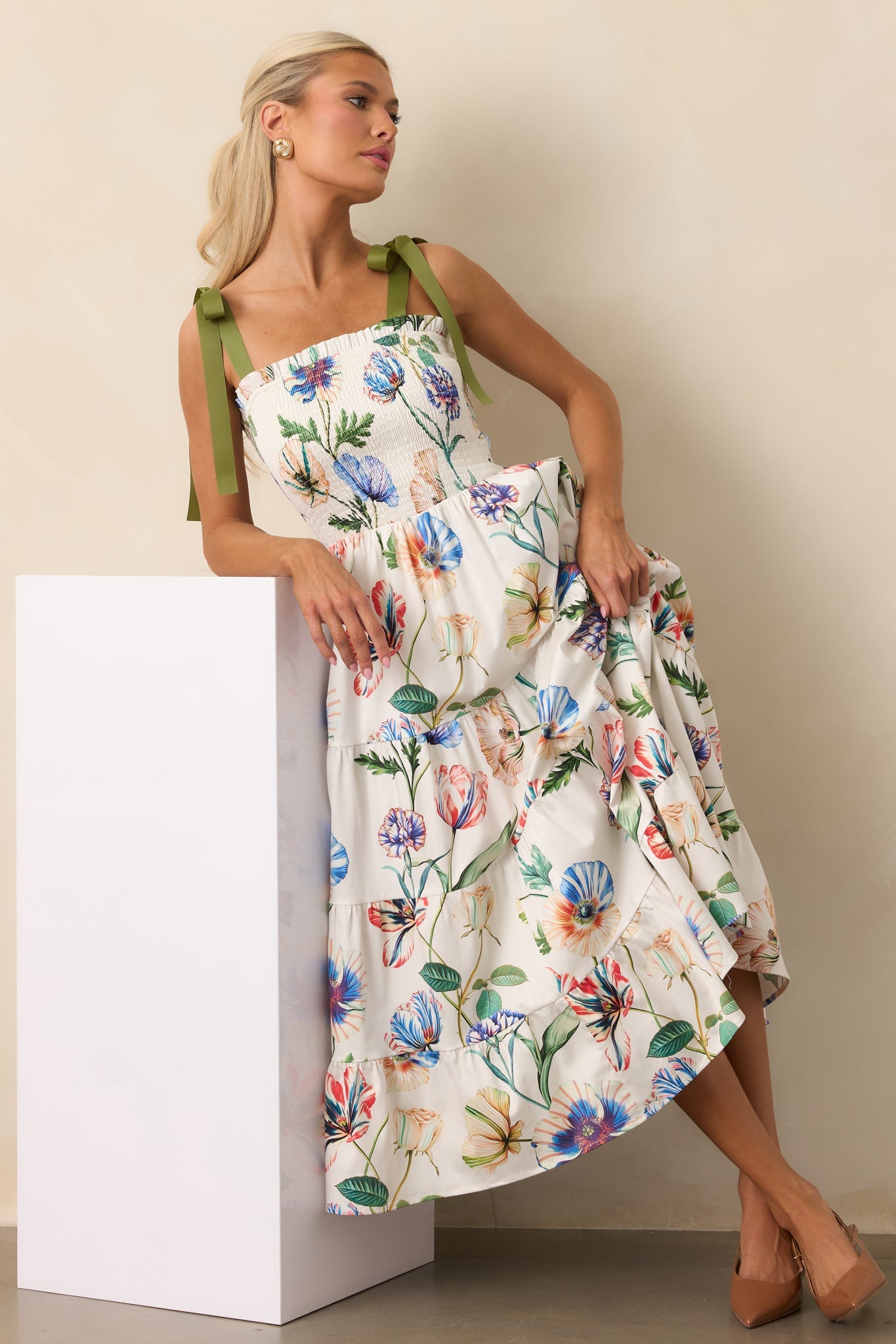 Prosperina Aurea Ivory Multi Floral Print Cotton Midi Dress