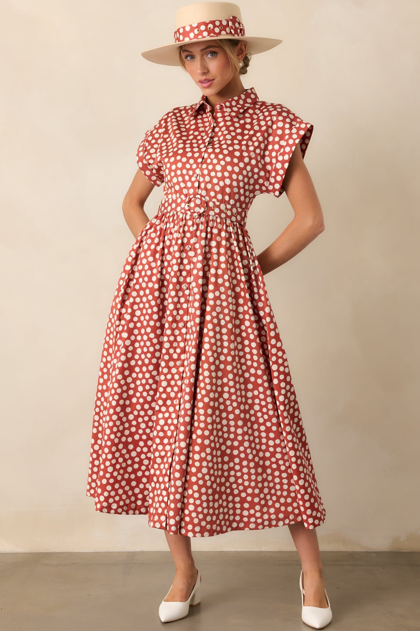 Prosperina Jocelyn Brick Red Polka Dot Cotton Maxi Dress