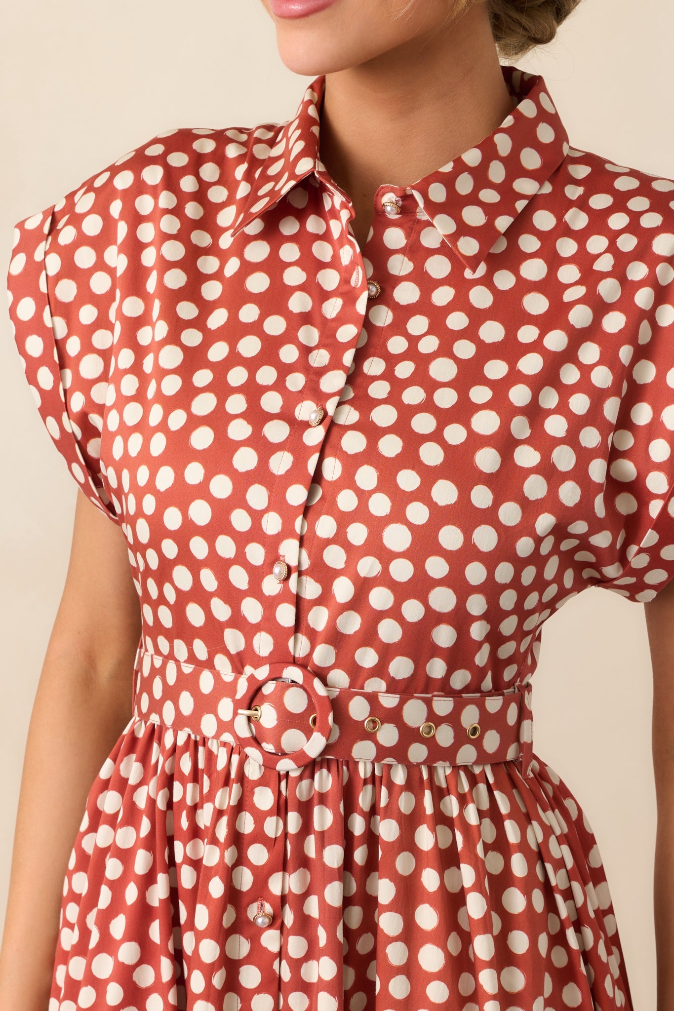 Prosperina Jocelyn Brick Red Polka Dot Cotton Maxi Dress