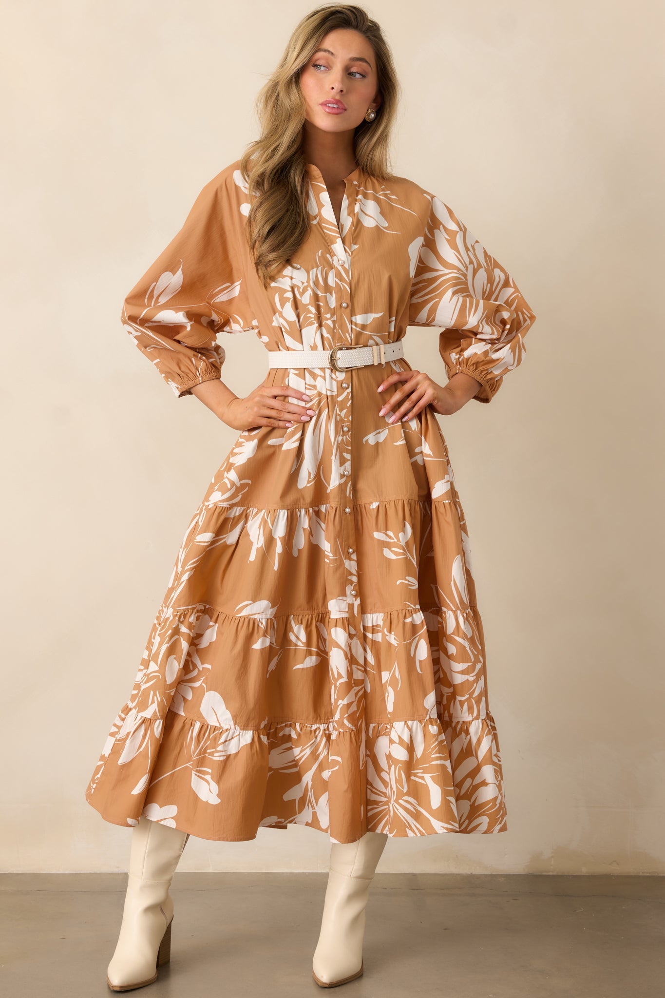 Prosperina Adelaide Fawn Brown Multi Floral Print Cotton Maxi Dress
