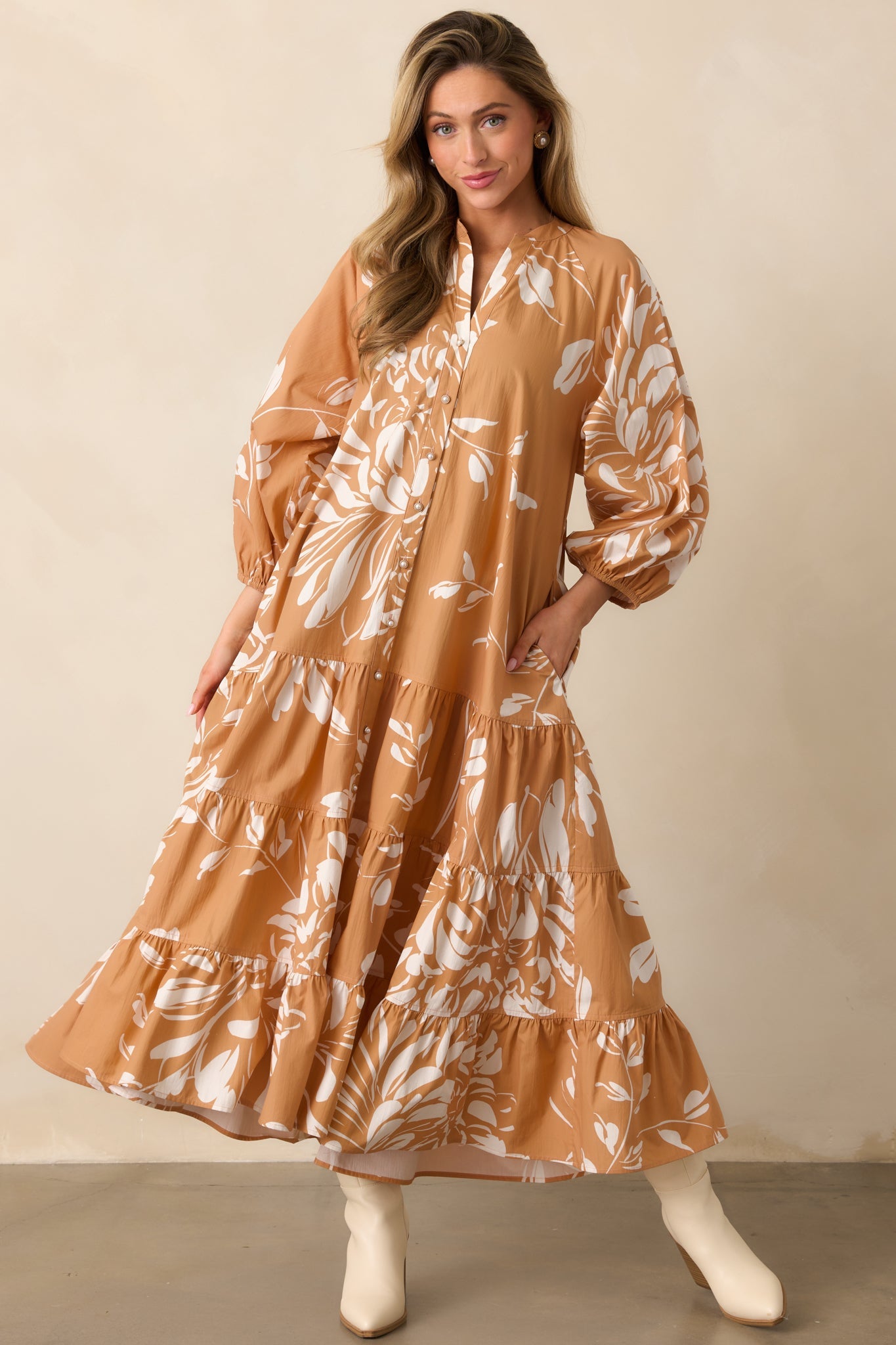 Prosperina Adelaide Fawn Brown Multi Floral Print Cotton Maxi Dress