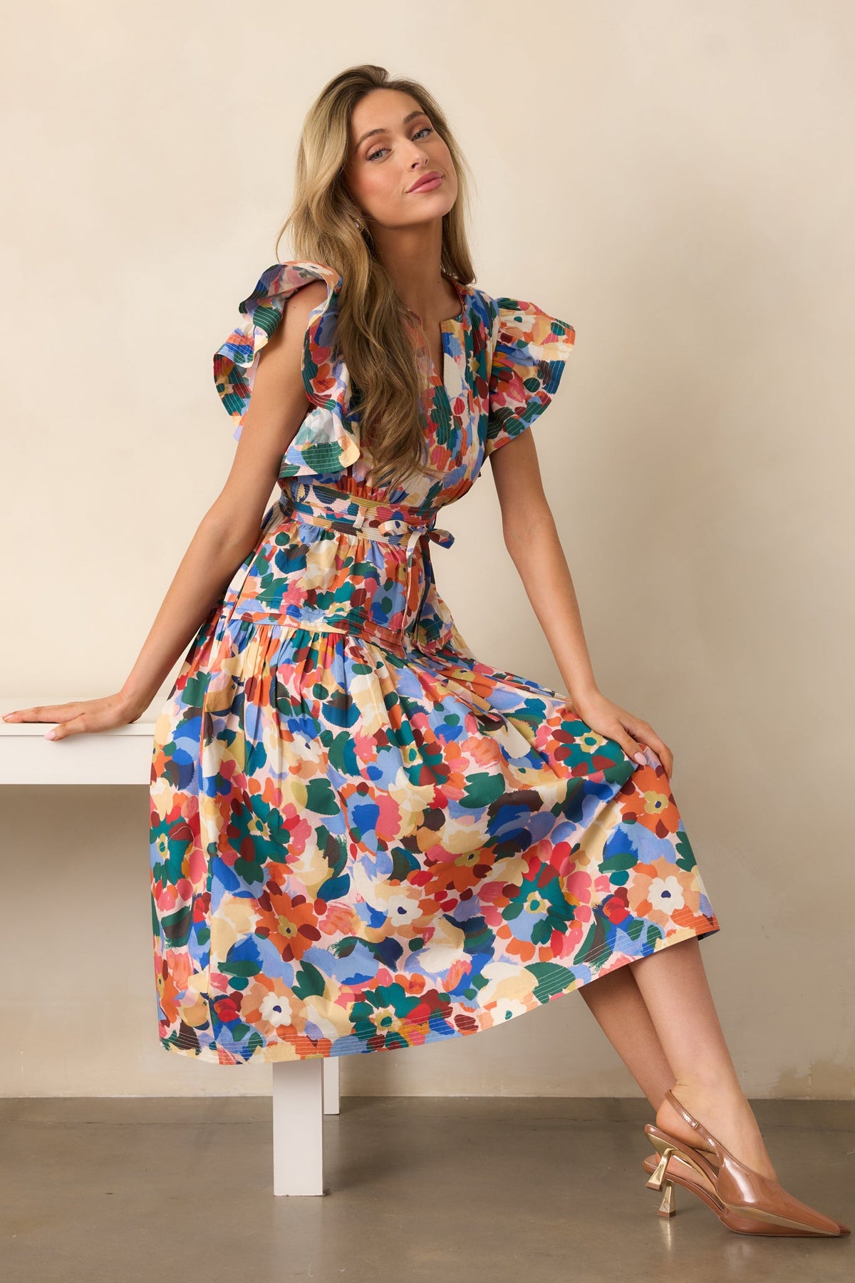 Prosperina Astor Orange Multi Floral Print Cotton Midi Dress
