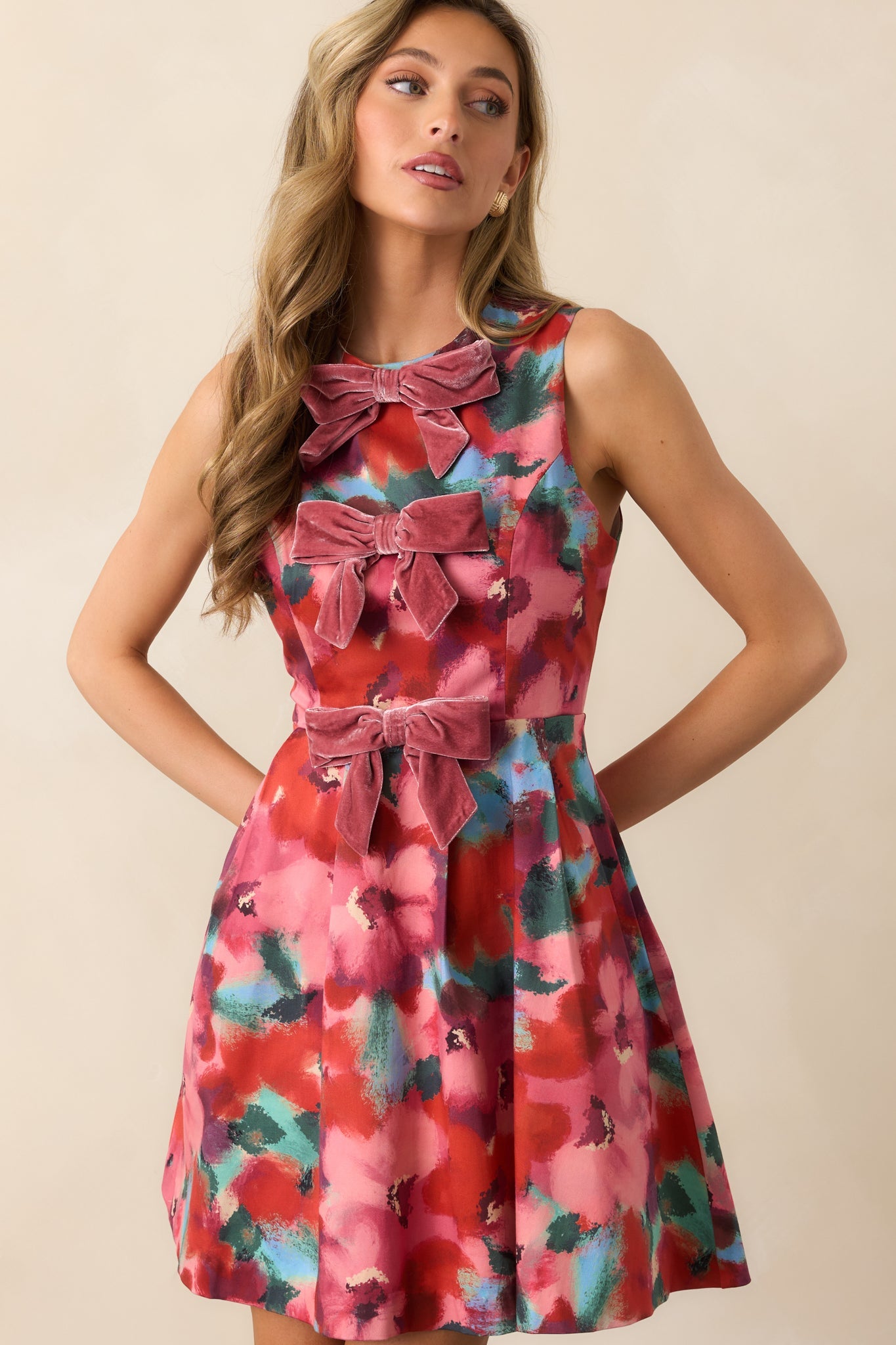 Prosperina Clara Pink Multi Floral Cotton Bow Mini Dress