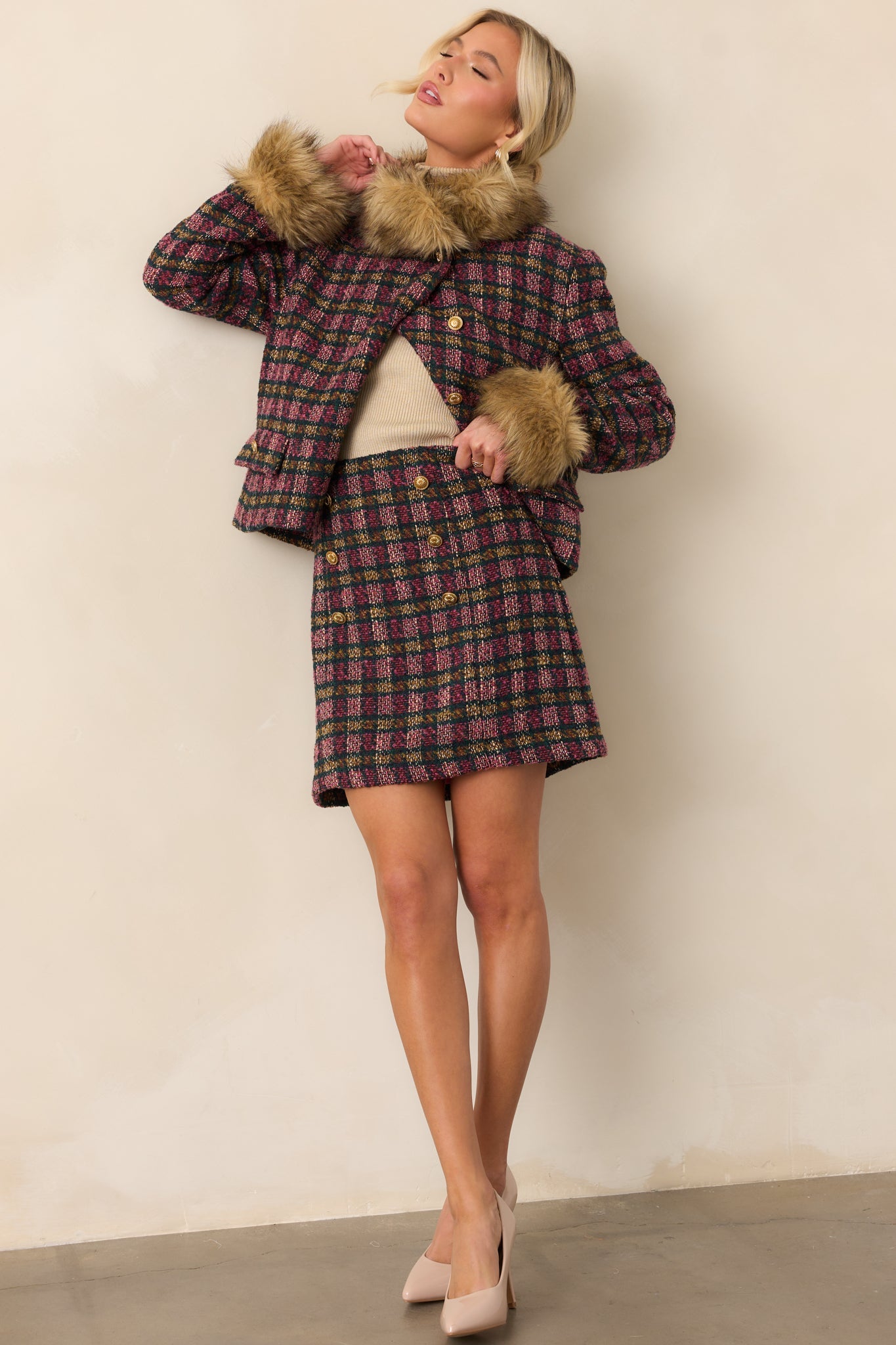 EXCLUSIVE: Prosperina Gardner Pink Multi Plaid Tweed Mini Skirt