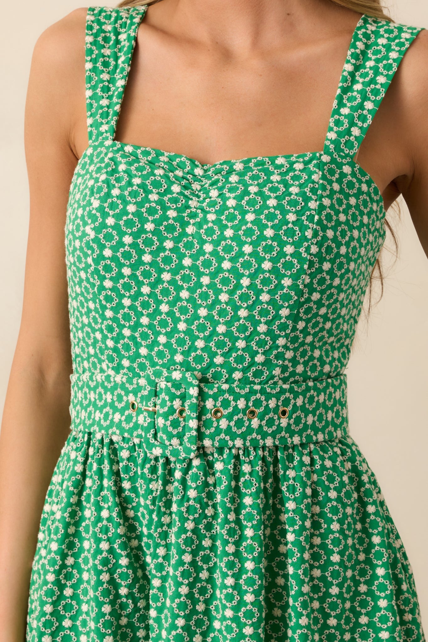 Cameron Meadow Green Cotton Belted Midi Dress