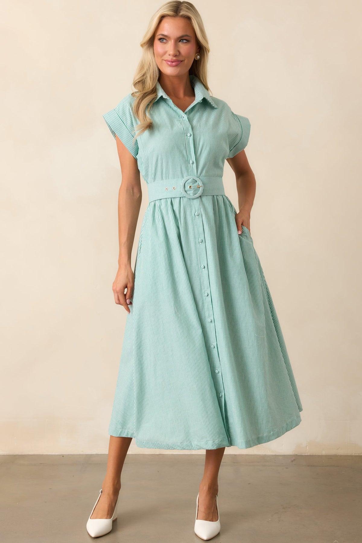 Gia Grass Green Stripe Belted Cotton Midi Dress